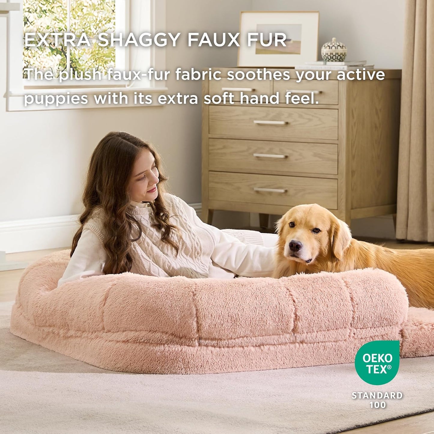 Bedsure Foldable Human Dog Bed for People Adults, 2 in 1 Calming Human Size Giant Dog Bed Fits Pet Families with Egg Foam Supportive Mat and Waterproof Liner, Faux Fur Orthopedic Pet Sofa, Pink