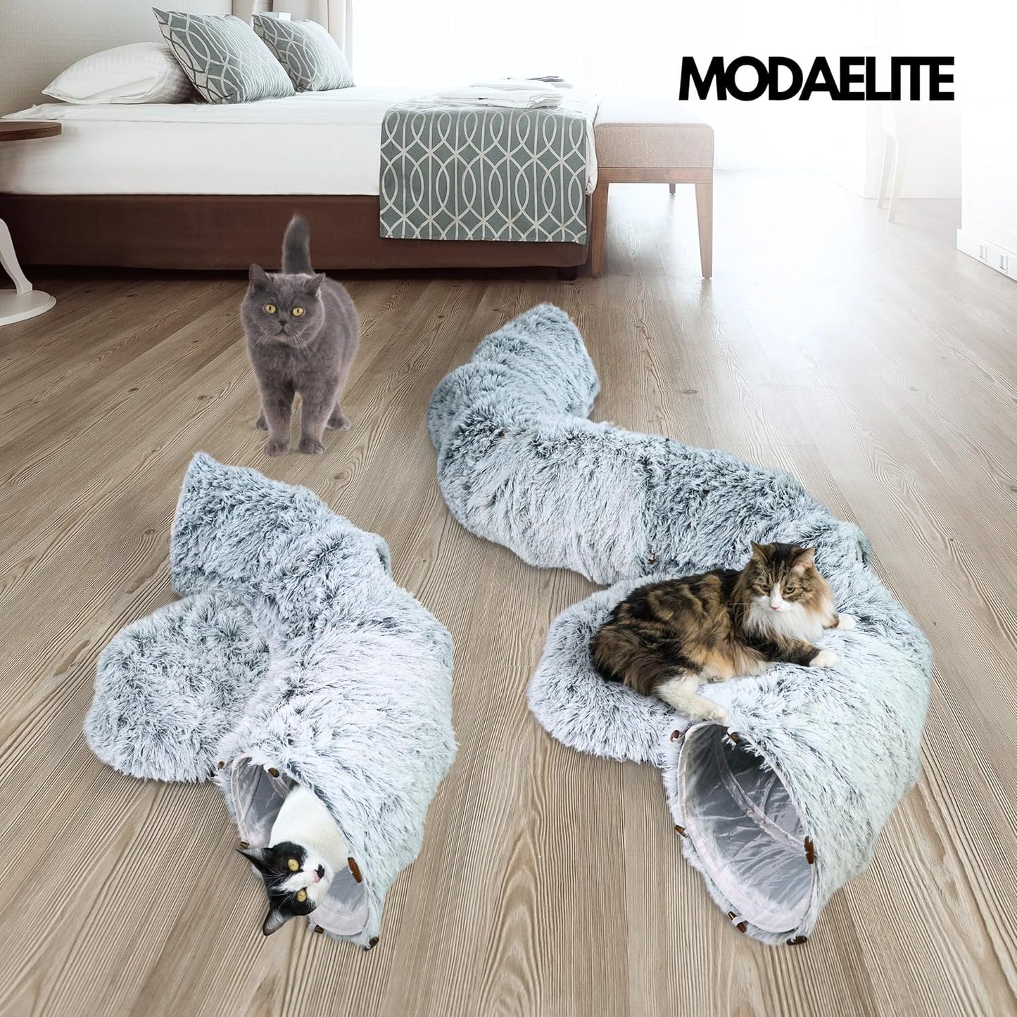 Cat Donut Bed with Washable Cushion – Cat Caves for Indoor Cats – Collapsible Donut Bed with Peekaboo Pet Tunnel Toy – Cozy Hideout for Kittens, Ferrets, Rabbits & Dogs - Grey