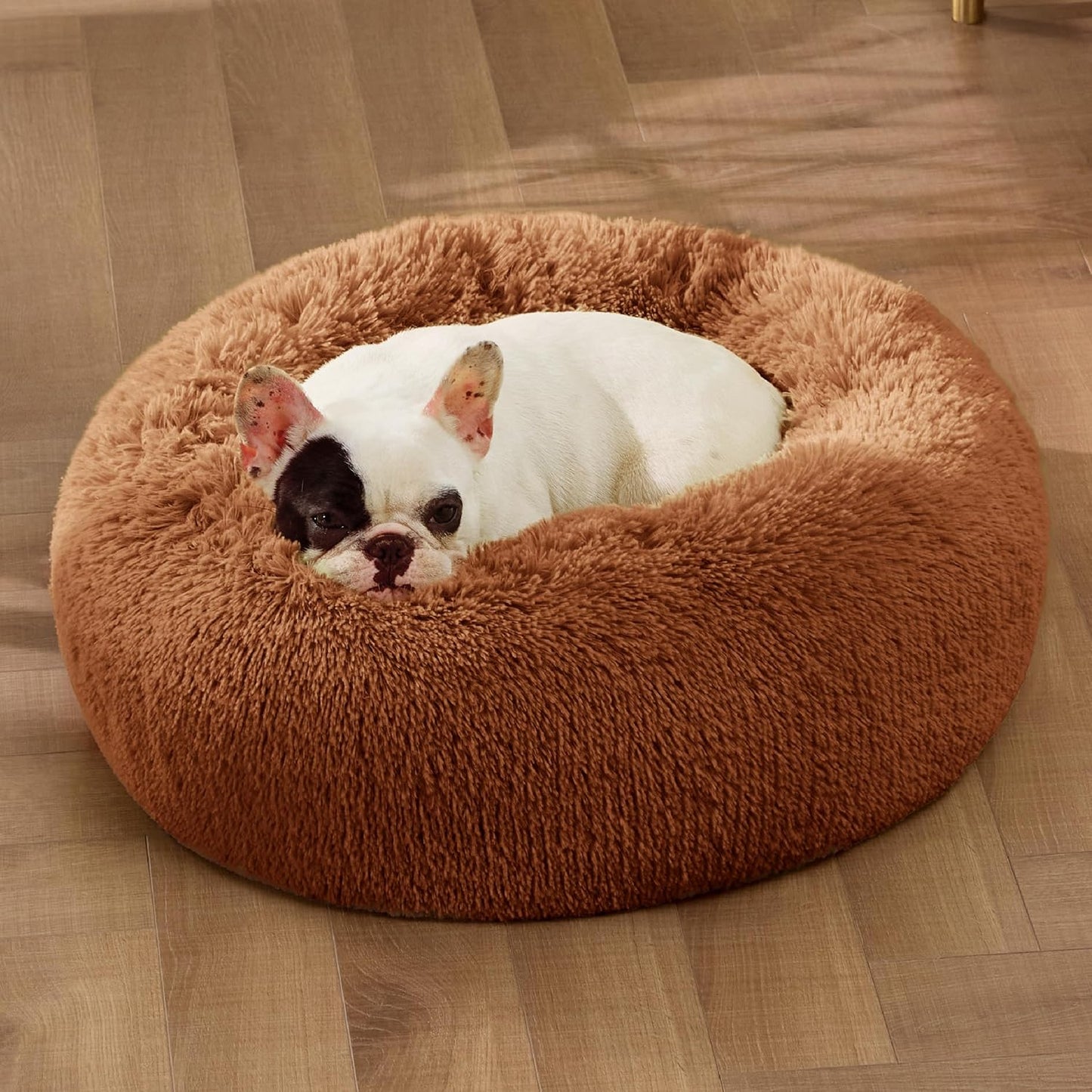Bedsure Calming Dog Bed for Small Dogs - Donut Washable Small Pet Bed, 23 inches Anti-Slip Round Fluffy Plush Faux Fur Large Cat Bed, Fits up to 25 lbs Pets, Copper