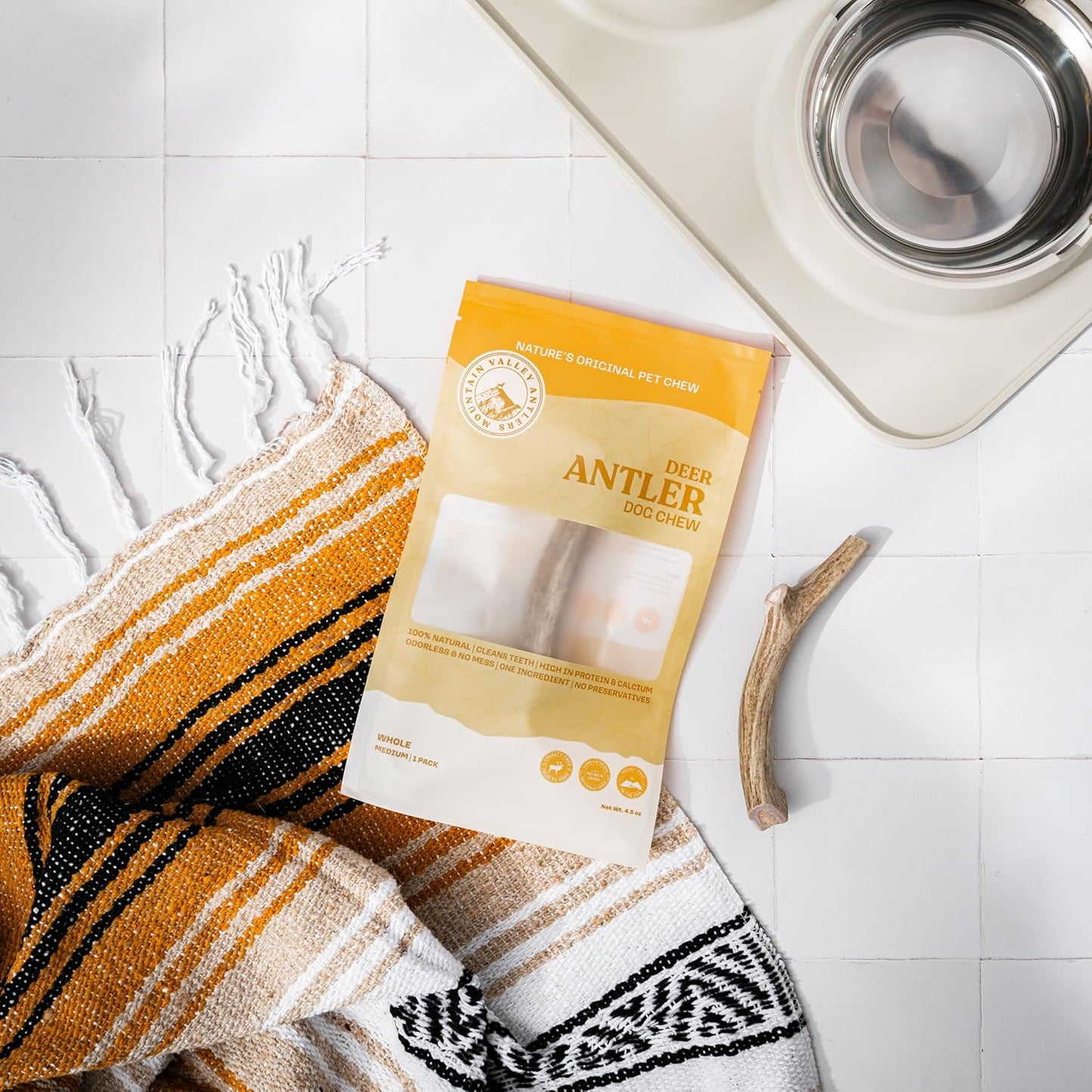 Mountain Valley Deer Antlers for Dogs - 100% Natural & Organic Chew for Aggressive Chewers, No Odor, No Mess, Long Lasting - Wild-Foraged Naturally Shed Antlers in USA - Grade A, Whole Medium (1 Pack)