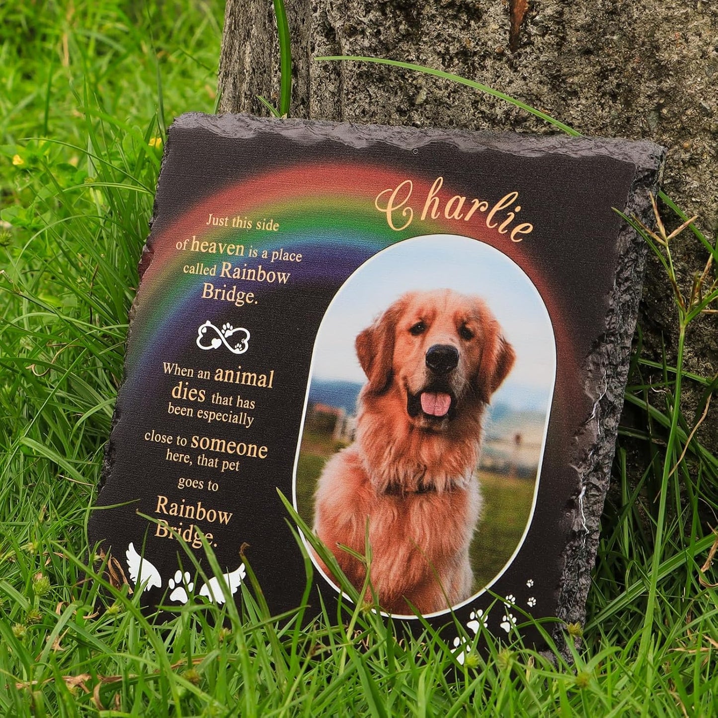 Bemaystar Personalised Dog Memorial Gifts - Pet Memorial Stone, Customized Rock Slate Stone Picture Frame Plaque with Photo, Cemetery Decorations for Grave, Pets Bereavement Gifts Loss of Pet