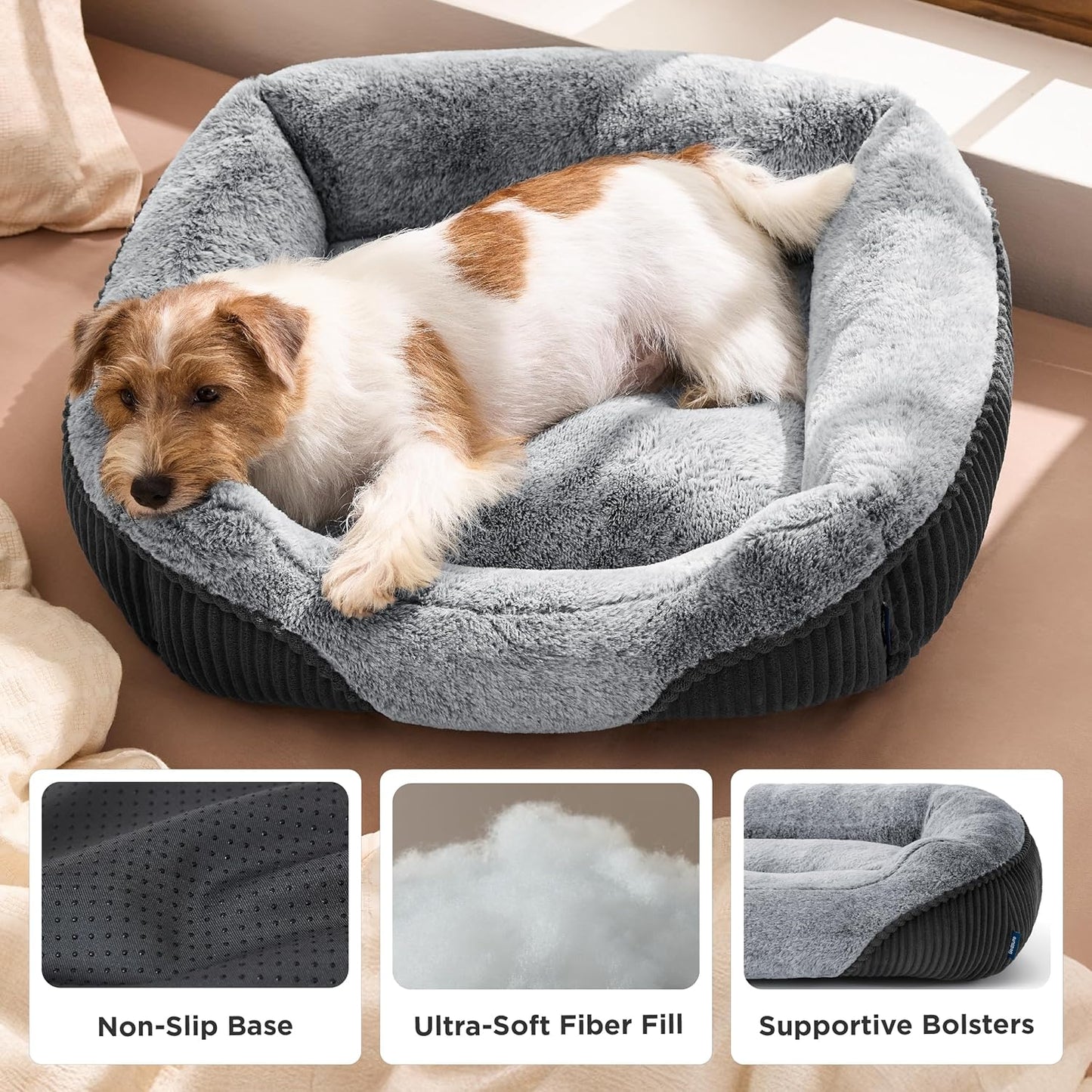 Bedsure Washable Dog Bed Small Medium Size Dog - Rectangle Fluffy Plush Pet Bed Puppy Bed, Comfy Corduroy Fleece and Nonskid Bottom,25x21x7inches,Suitable for Pet Up to 20lbs,Grey