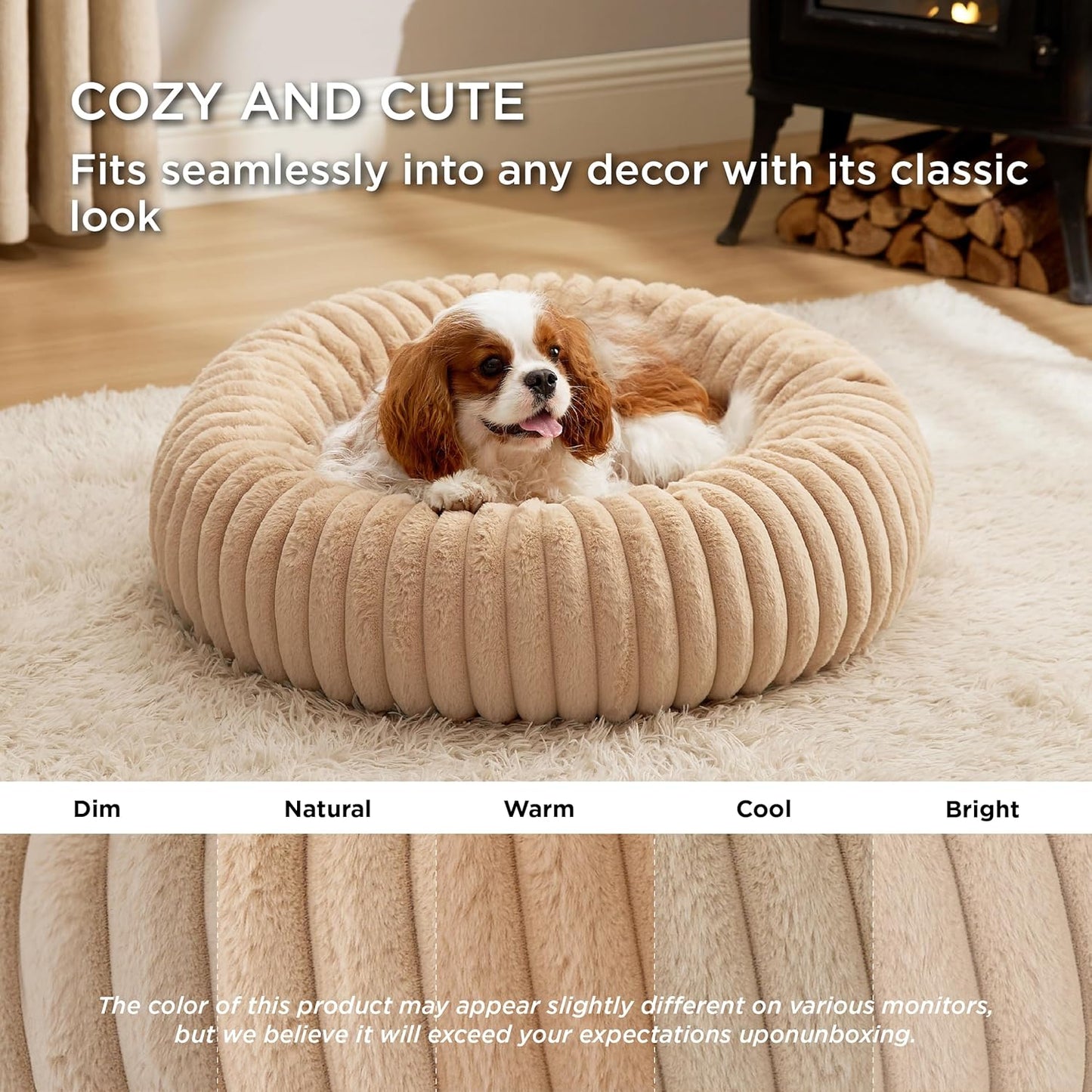 Bedsure Medium Dog Bed - Washable Faux Fur with Corduroy Fleece & Anti Slip Bottom, Round Pet Bed with Removable Cover, Sandy Tan, 30x30x8 inches