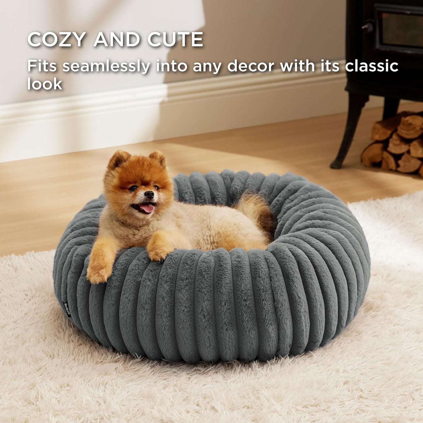 Bedsure Donut Small Dog Bed - Dog Beds for Small Dogs with Corduroy Fleece & Anti Slip Bottom, Round Faux Fur Pet Beds with Washable Removable Cover, Warm Grey, 23x23x7 inches