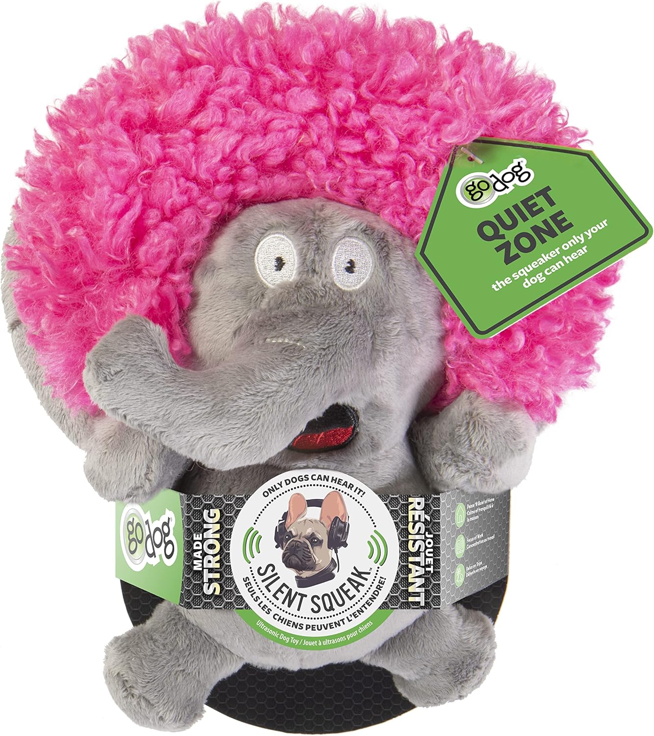 goDog Crazy Hairs Elephant Silent Squeak Plush Dog Toy, Chew Guard Technology - Gray, Small