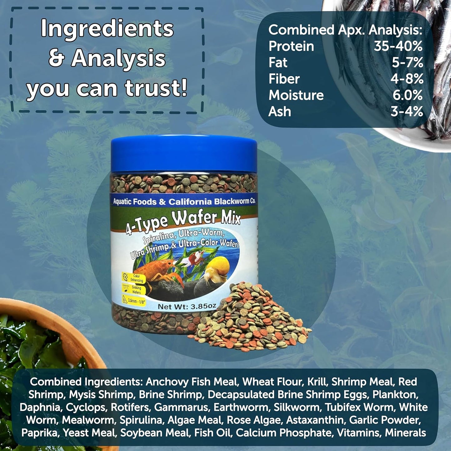 Aquatic Foods Inc. 4-Type 3.5mm - 1/8" Sinking Wafer Mix of Spirulina-Algae, Ultra-Worm, Ultra-Shrimp, Color Enhancing Wafers for Shrimp, Snails, Crabs, Crayfish, All Tropical Fish, 3.5mm..5oz