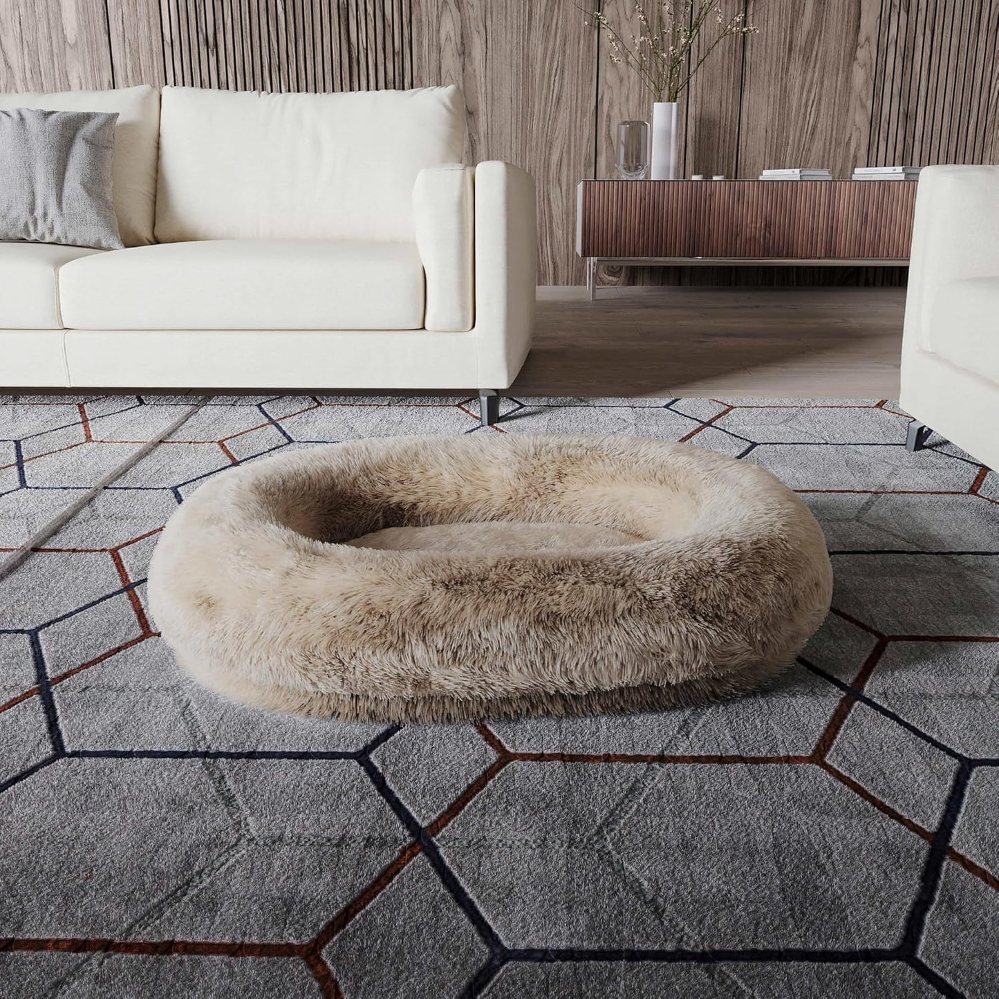 Medium Sized Orthopedic Dog Beds, Donut Calming Pet Beds with Comfort Foam Support, Fluffy Non-Slip Couch for Dog and Cat, with Washable and Indestructible Cover, 32 Inches, Beige