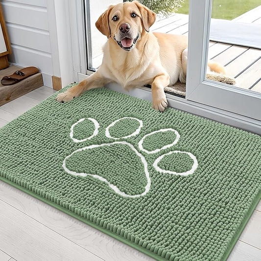 OLANLY Door Mat for Muddy Dog Paws 36x24, Absorbent Chenille Doormat with Paw Print Design, Non-Slip Washable Doormat for Indoor Entryway, Quick-Dry Pet Bed Mats for Dirty Dogs, Olive Green and White