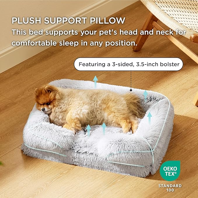 Bedsure Orthopedic Dog Beds for Small Dogs - Washable Small Dog Cat Bed Waterproof, Comfort Pet Couch Sofa with Washable Removable Cover, Pets Bed with Nonskid Bottom, Long Faux Fur-Misty Grey, 24"