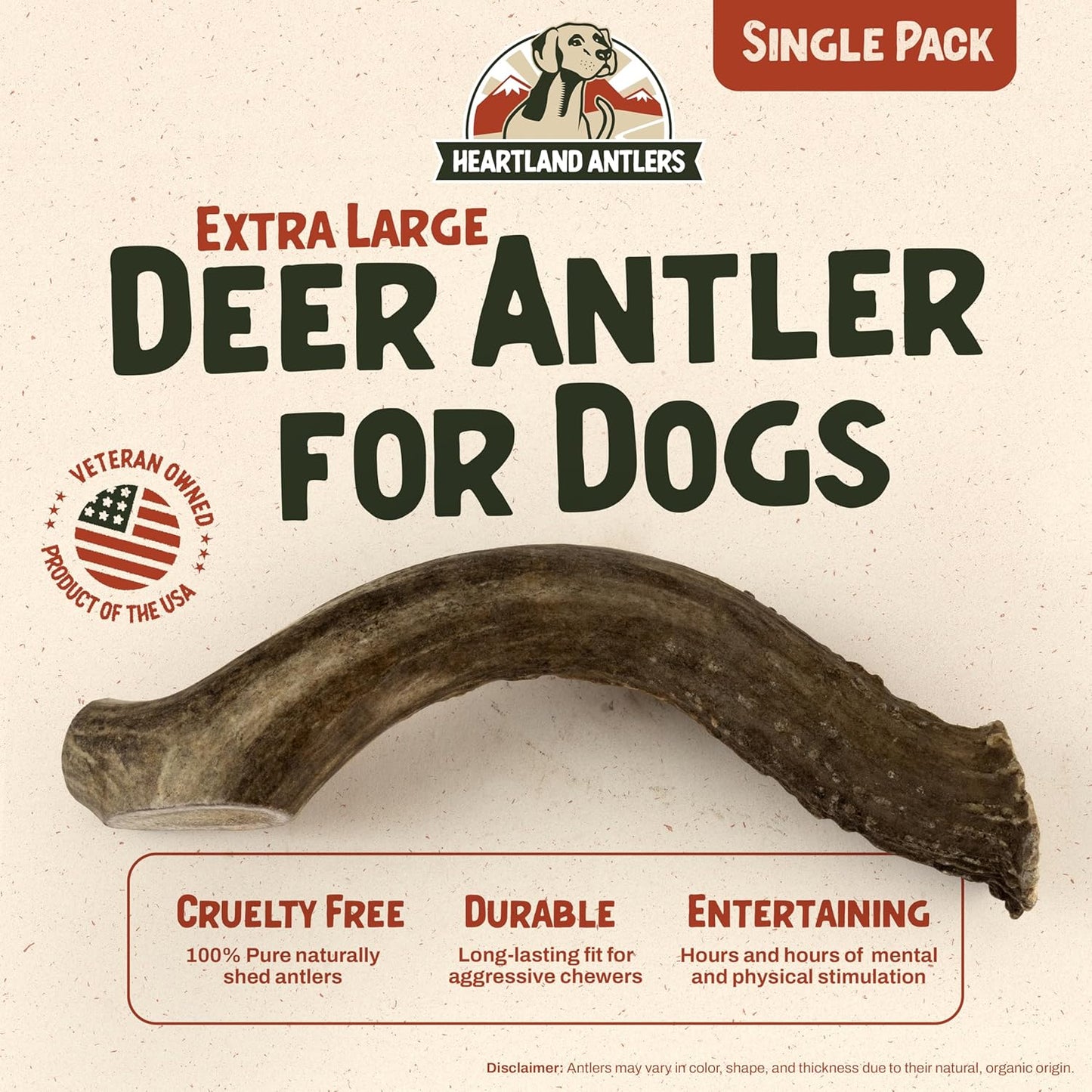 Heartland Deer Antlers for Dogs - Daily Dental Care Chews for Aggressive Chewers to Reduce Plaque & Prevent Destructive Behavior (X-Large, 8-10", 1-Pack, Grade A, USA Made)