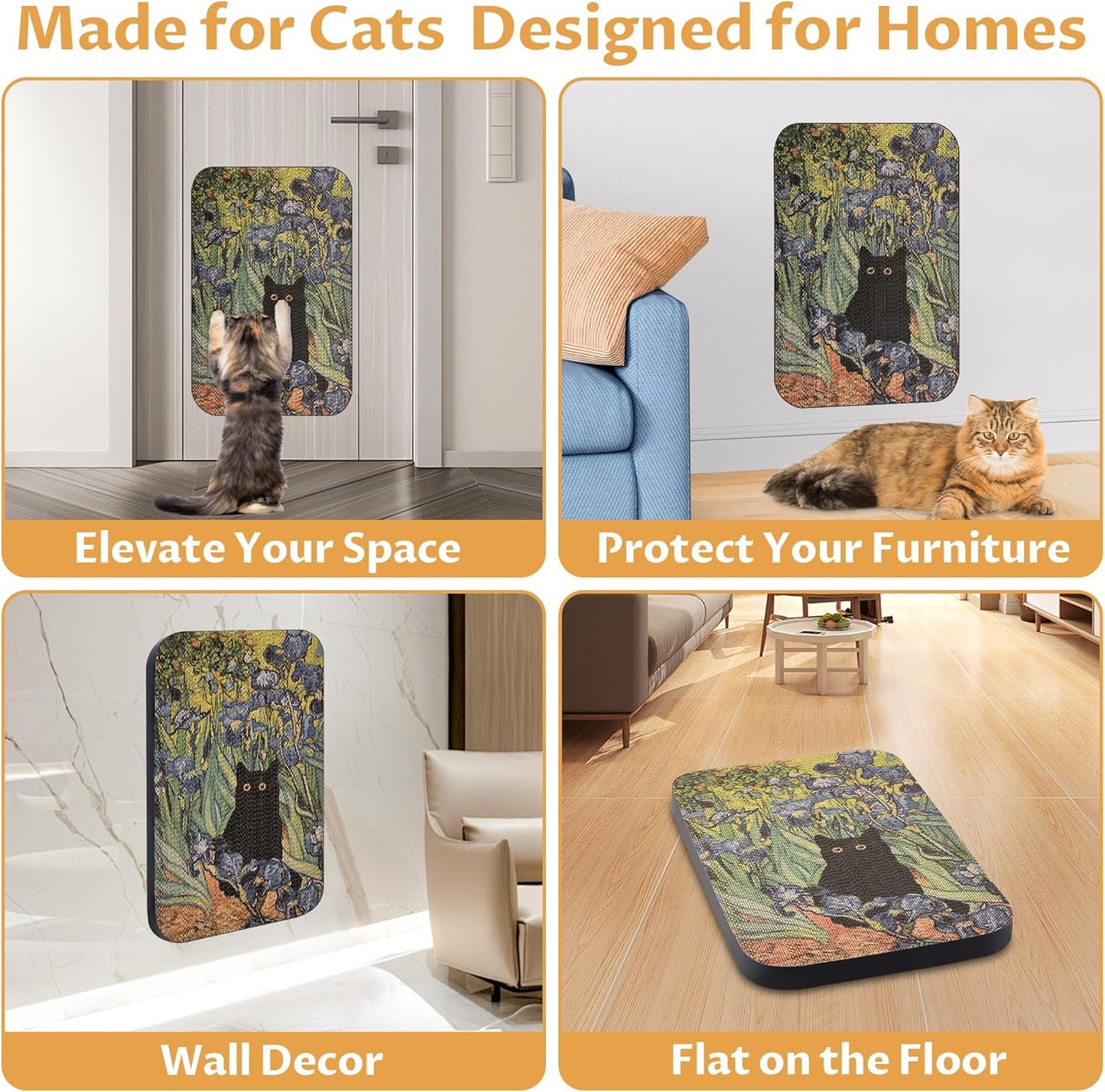 Art Cat Scratcher, Wall-Mountable Cat Scratching Board, Cat Wall Scratcher 16.7x11x1 Inch Cat Scratch Pad and Cat Scratchers for Indoor Cats Toy Furniture Protector（Irises）
