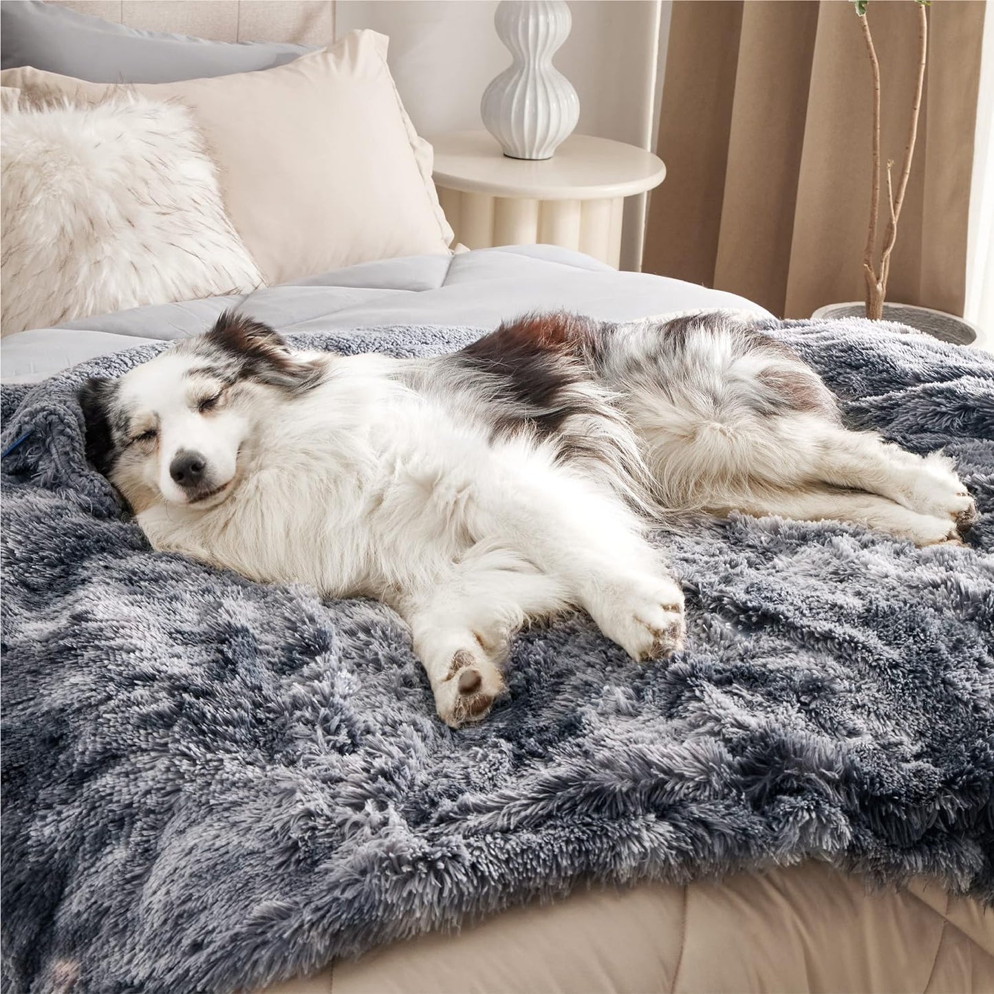 Bedsure Waterproof Dog Blankets for Large Dogs - Cat Blanket for Couch Protector Washable Long Faux Fur,Calming Soft Reversible Throw Furniture Protection for Puppy Pet, 50"x60", Tie-dye Grey