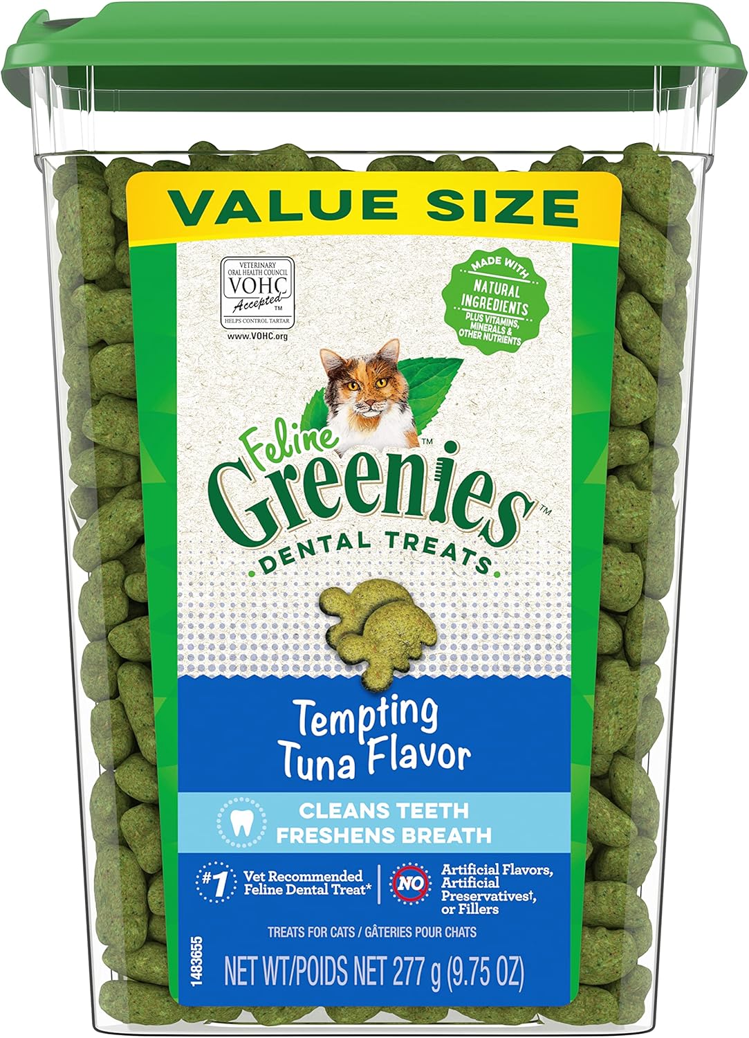 Greenies Feline Adult Dental Cat Treats, Tempting Tuna Flavor, 9.75 oz. Tub