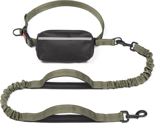 iYoShop Hands Free Dog Leash with Zipper Pouch, Dual Padded Handles and Durable Bungee for Walking, Jogging and Running Your Dog (Military Green, 8-25 lbs, Medium)