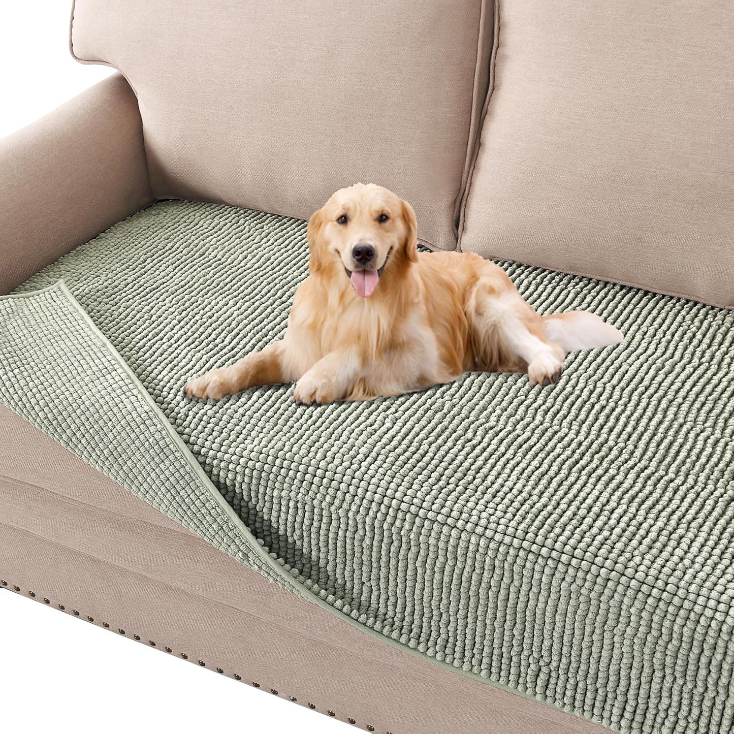 H.VERSAILTEX Plush Chenille Dog Bed Cover Thick Soft Sofa Cover for 3 Cushion Couch Anti Slip Couch Cover Furniture Protector for Dog, Pet, Cat (35" x 82", Sea Foam)