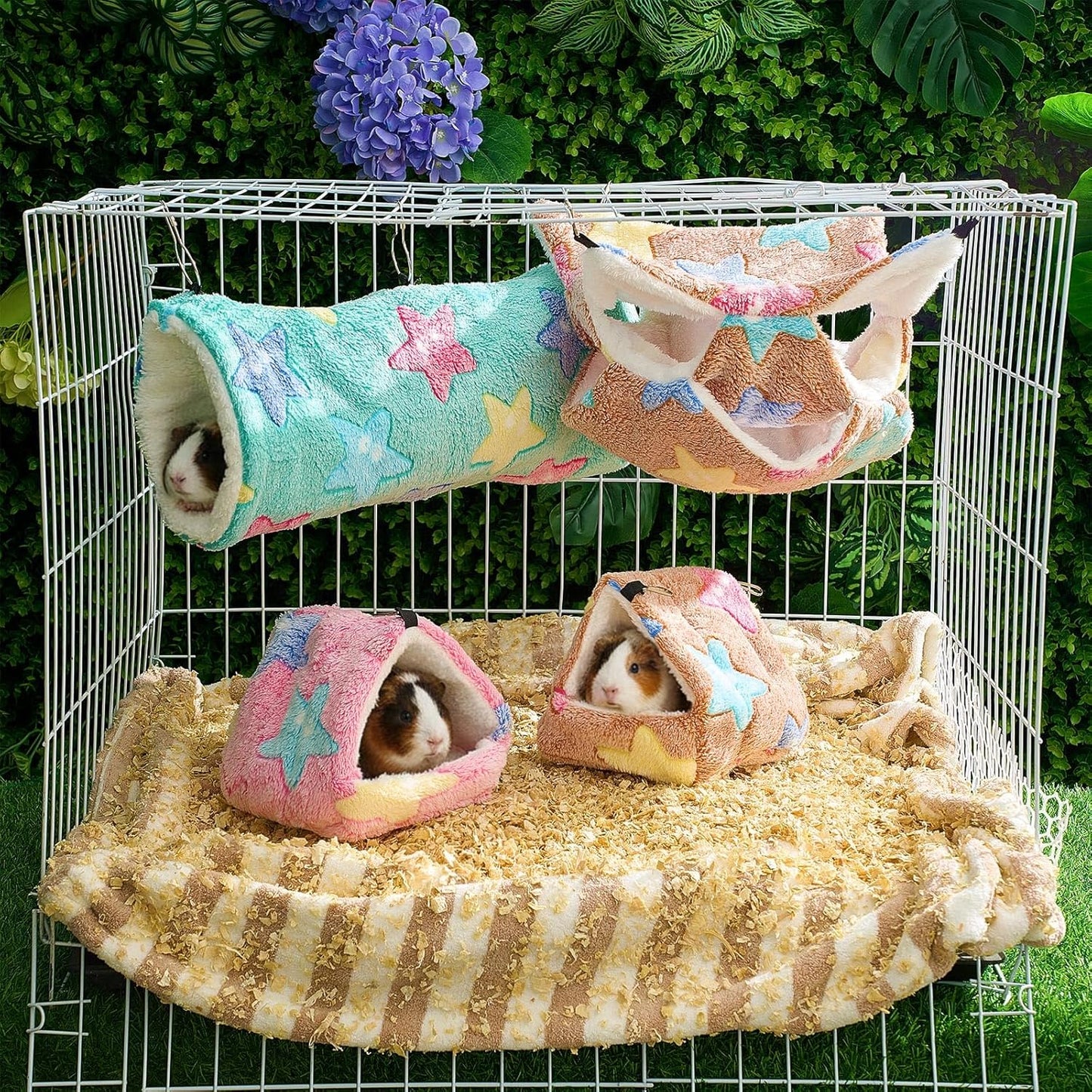 Abbylike 9 Pieces Rat Hammock 3 Tier Guinea Pig Ferret Hammocks Small Pet Hanging Tunnel Glider Toy Guinea Pig Ferret Hideout Bed Cage Accessories for Hamster (Green, Pink, Brown,Stars)