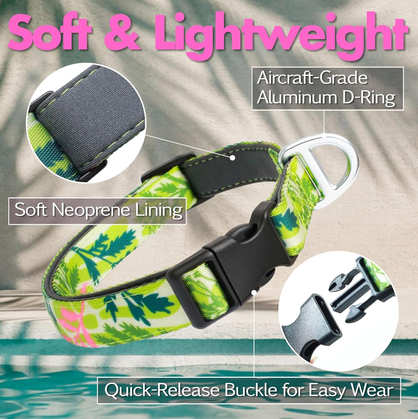 Medium Dog Collar with Reflective Logo and Soft Padded Neoprene,Summer Tropical Leaf Design, Adjustable,Lightweight & Durable, Neck Size 12’’-20’’ (Leaf, M)