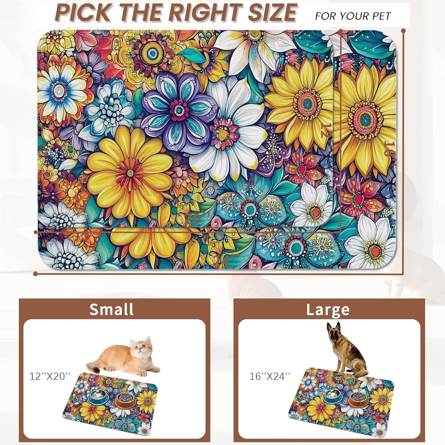 Floral Dog Food Mat for Floors,Cute Mandala Flower Absorbent Quick-Dry Pet Feeding Mat,Cat Dog Bowl Mats for Food and Water,Non-Slip Pet Accessories Supplies 16"x24"