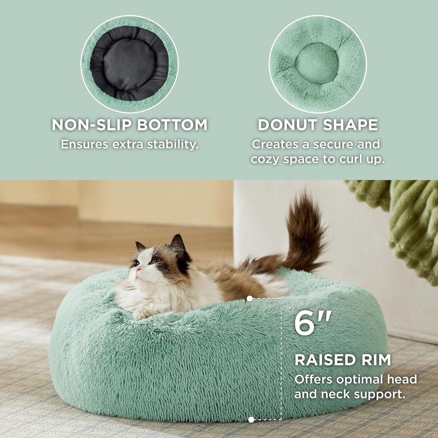Bedsure Calming Cat Beds for Indoor Cats - Small Cat Bed Washable 20 inches, Anti-Slip Round Fluffy Plush Faux Fur Pet Bed, Fits up to 15 lbs Pets, Garden Green