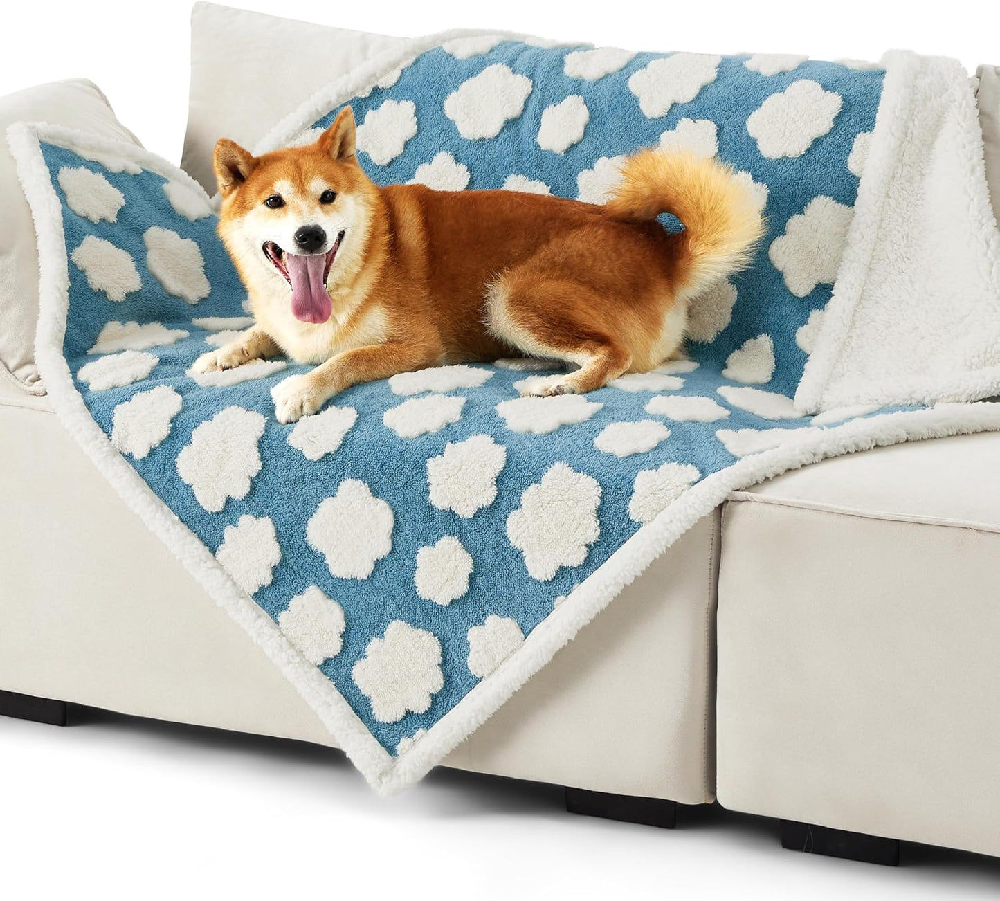 Lesure Waterproof Dog Blanket for Large Dogs - Washable Double Sided Dog Blankets with Warm Jacquard Shag and Soft Sherpa Fleece, Pet Cat Blanket for Couch Protection, 3D Textured Cloud, Blue
