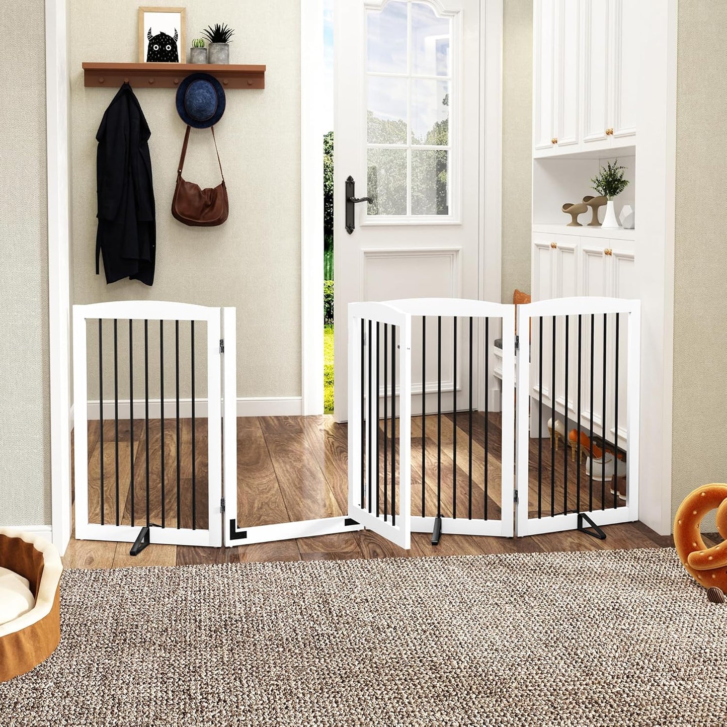 Freestanding Dog Gates with Door Walk Through, 80 inch Wide Gates Indoor, Dog Fences Indoor, Support Feet Included, 4 Panels, 32" Tall, White & Black