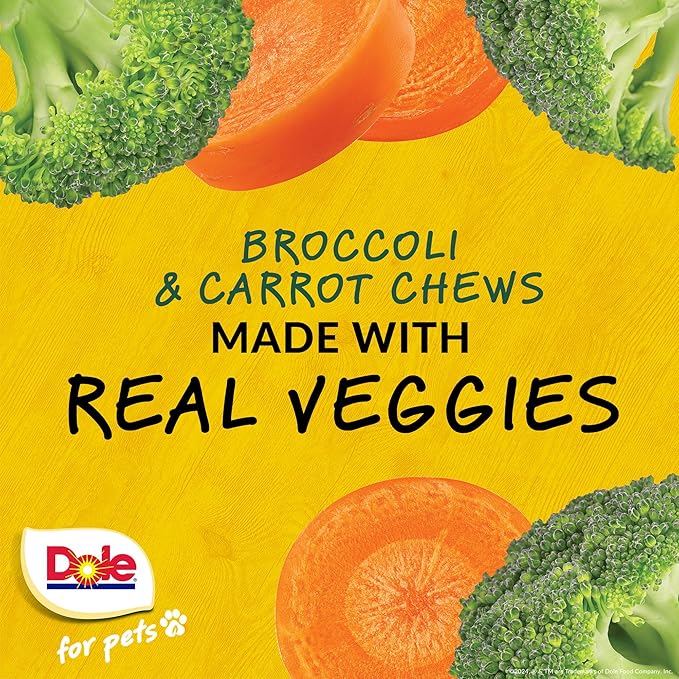 Dole for Pets Freshly Fetched Dog Chews, Assorted Broccoli & Carrot Flavor Treats - Flavored with Real Veggies, No Wheat, Corn, Soy, Artificial Flavors, Colors, or Preservatives, 7 Oz