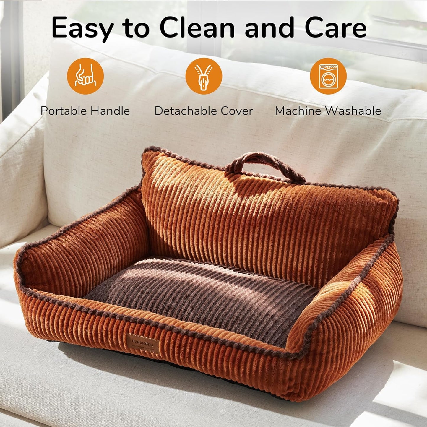 FUKUMARU Cat Couch Bed, Fluffy Corduroy Cat Beds for Indoor Cats with Washable Cover, Waterproof Small Dog Sofa Beds with Portable Handle and Anti-Slip Bottom, Pet Beds & Furniture 28inch, Orange