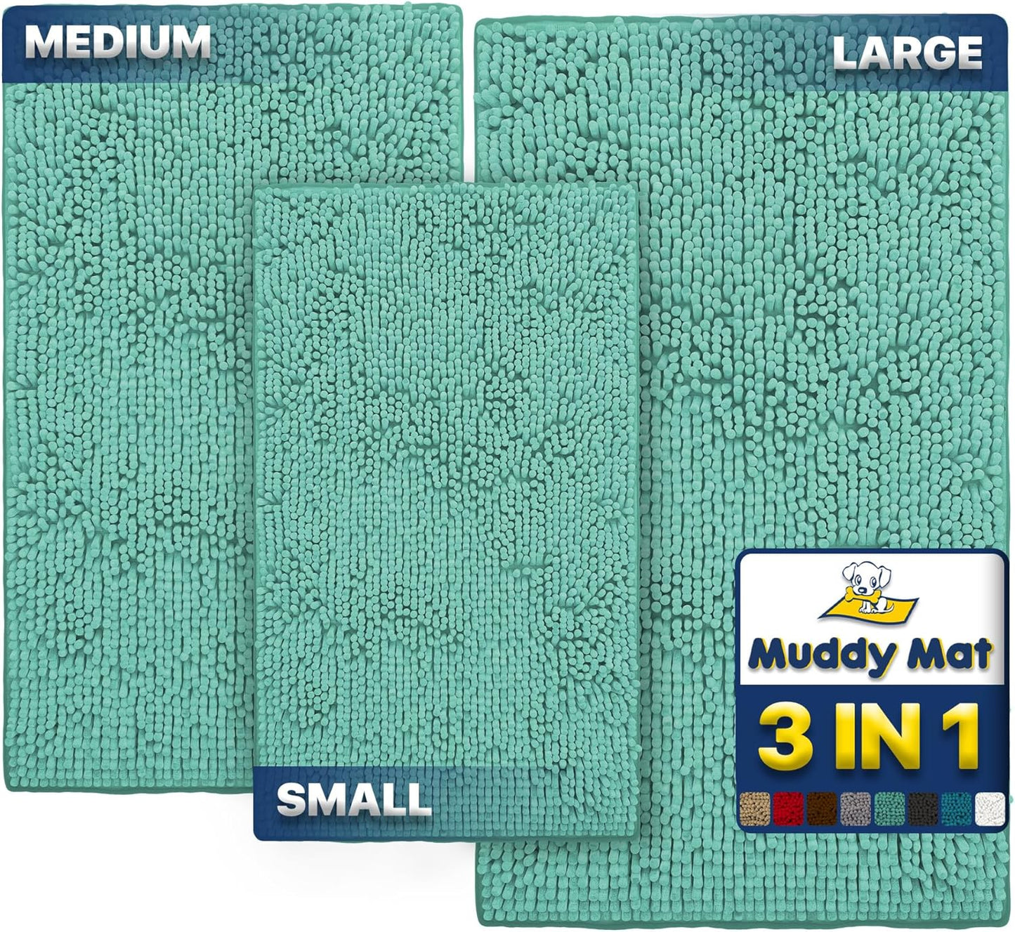 Muddy Mat® Pack of 3 Highly Absorbent Microfiber Dog Door Mat and Pet Rug, Non Slip Thick Washable Area Mat Soft Chenille for Kitchen Bathroom Bedroom and Outdoor - Sea Green Small, Medium & Large