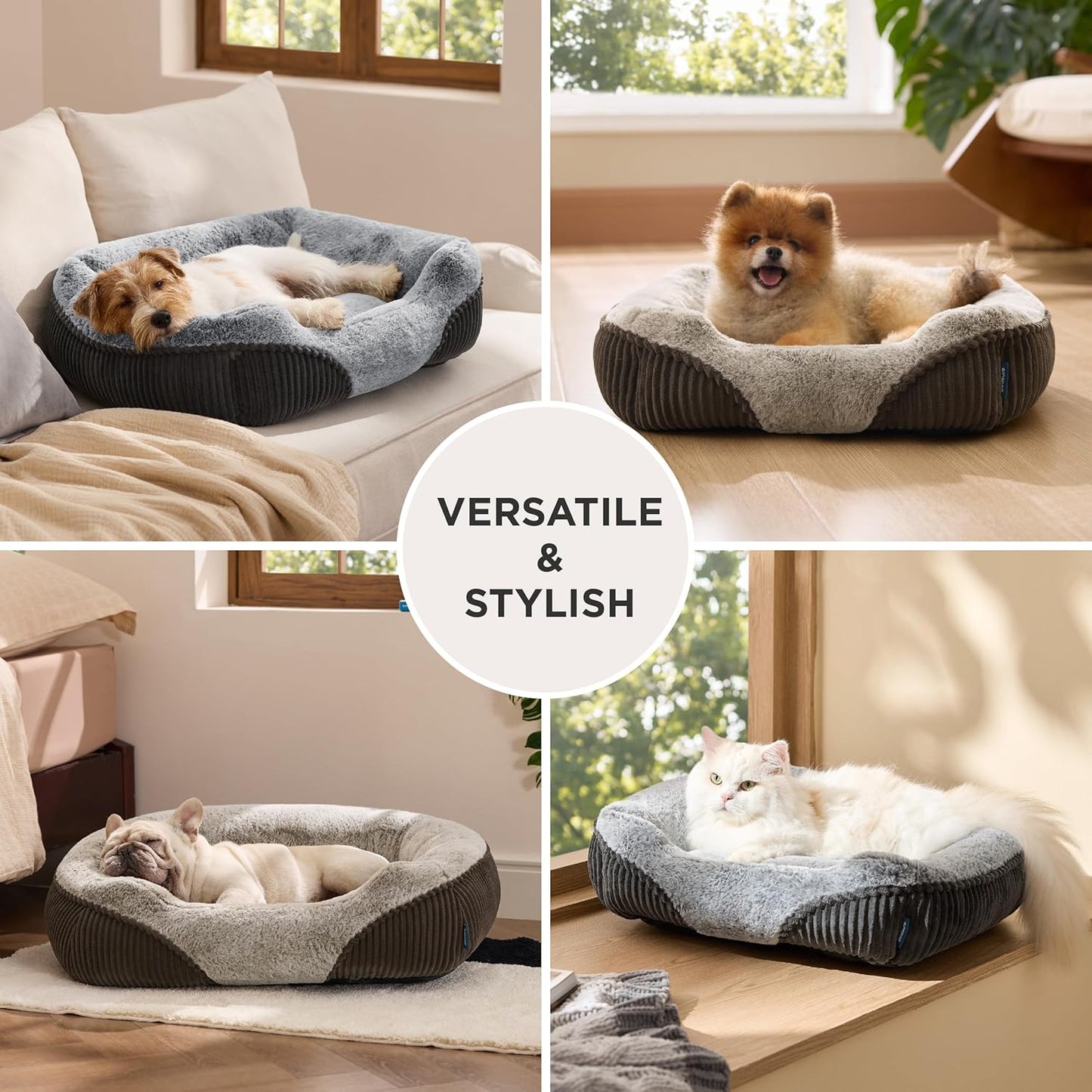 Bedsure Washable Dog Bed Small Dog＆Cat- Rectangle Fluffy Plush Kitten Puppy Bed, Comfy Corduroy Fleece and Nonskid Bottom,20x19x6inches,Suitable for Pet Up to 15lbs,Grey