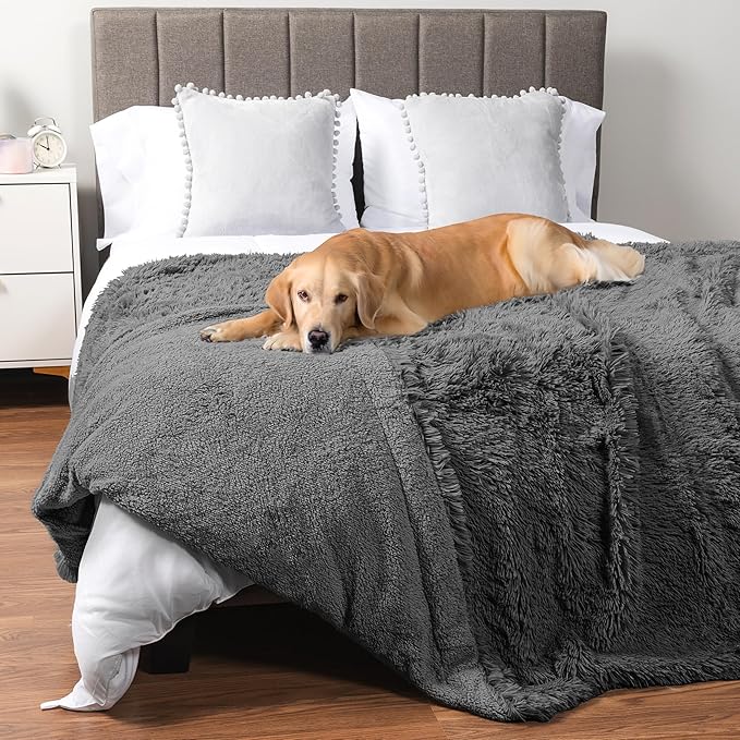 PetAmi Waterproof Dog Blanket for Large Dog, Queen Size Calming Pet Blanket Couch Cover Protector, Sherpa Faux Fur Cat Throw for Sofa Furniture Bed, Soft Fluffy XL, 90x90 Gray