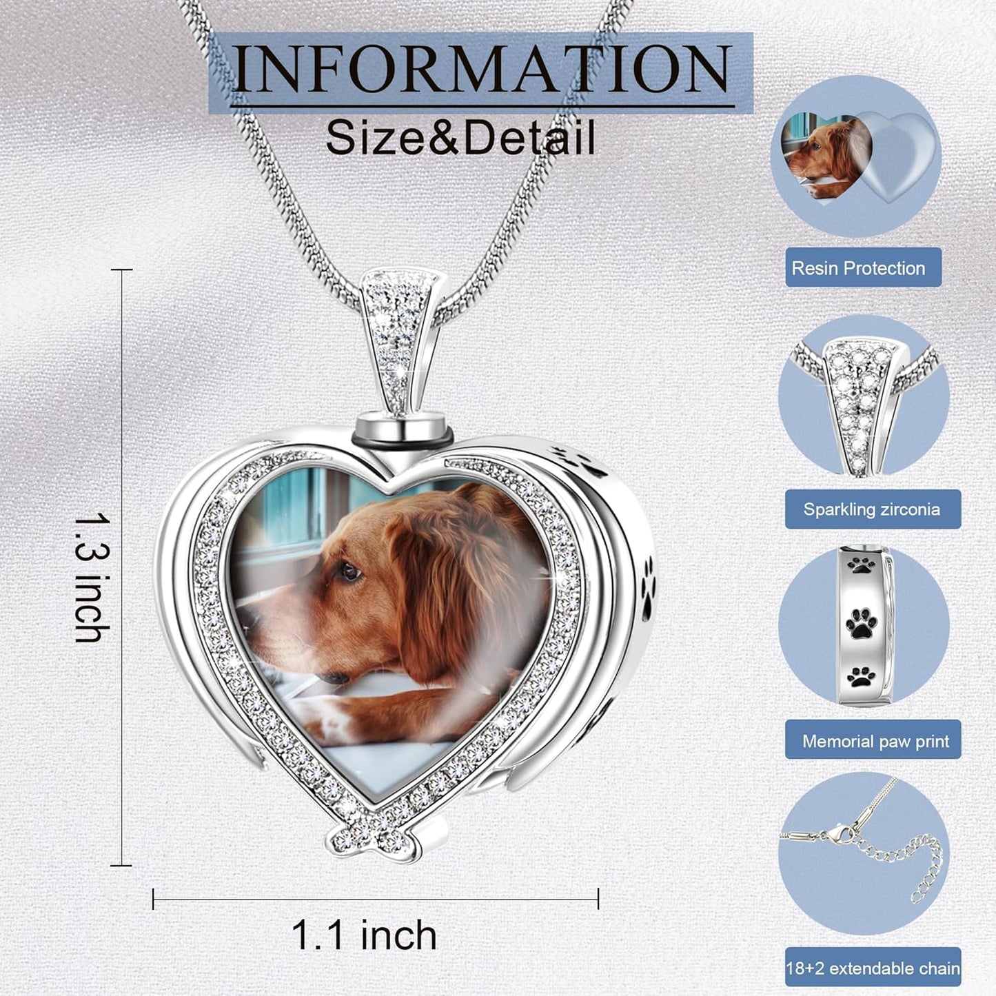 Fanery Sue Personalized Pet Ashes Necklace for Dog Cat Custom Photo&Text Pet Loss Sympathy Gift Cremation Jewelry
