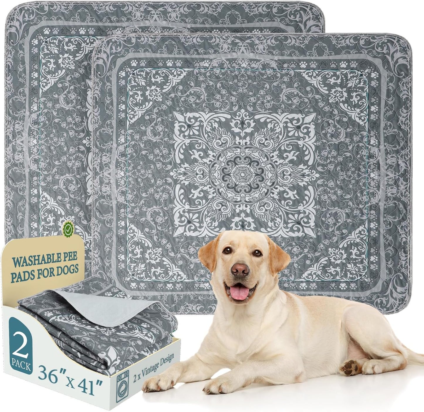 Homimp Washable Pee Pads for Dogs, 2 Pack Reusable Puppy Pads Waterproof, Absorbent and Leakproof Dog Pee Pads, Non Slip Puppy Training Pads, Pet Mat for Floor, Crate, Couch, Whelping,Grey, 36"x41"