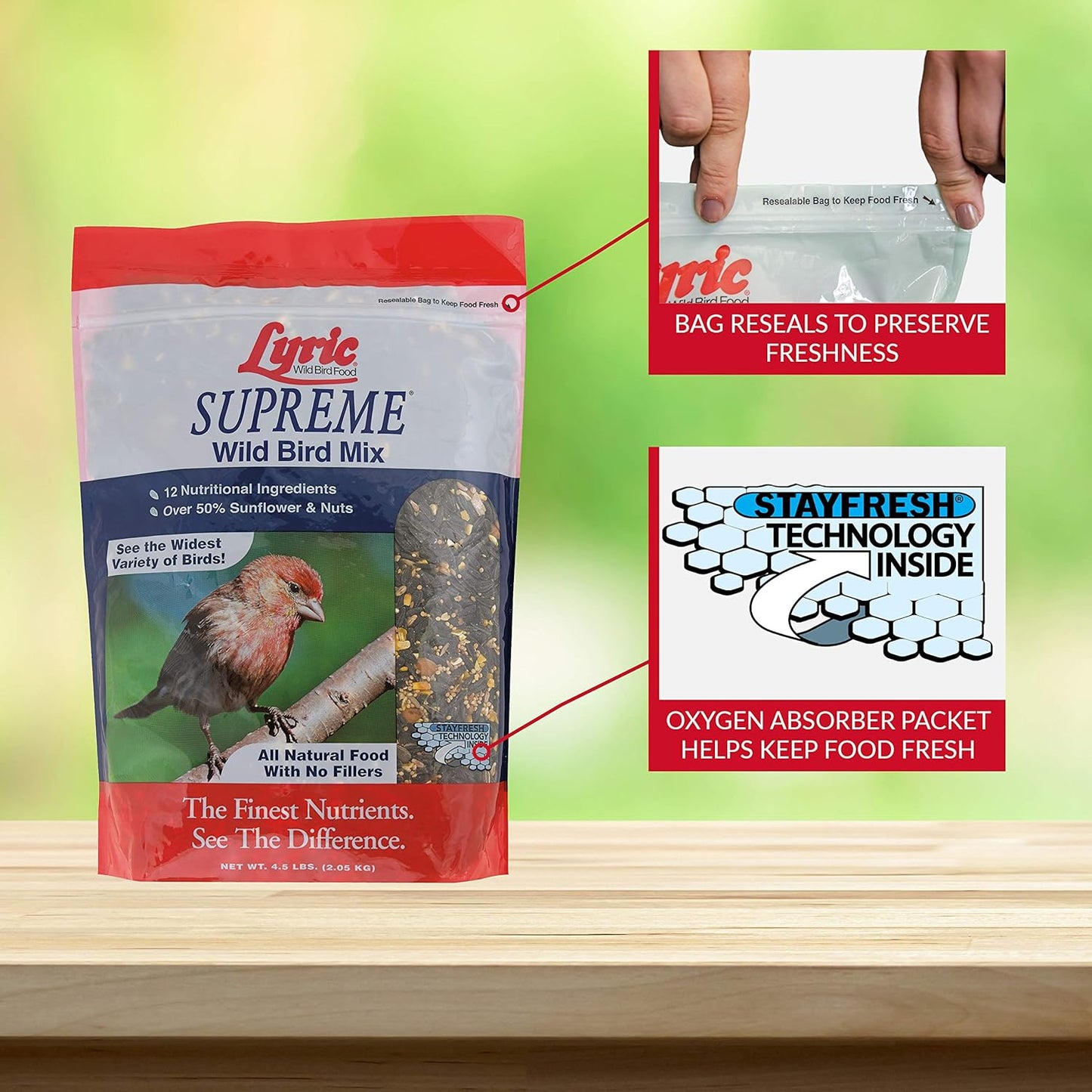 Lyric Supreme Wild Bird Seed for Outside Feeders - Wild Bird Food Mix with Nuts & Sunflower Seeds, Attracts Many Beautiful Songbirds, 13.5 lb (Pack of 3-4.5 lb Bags)