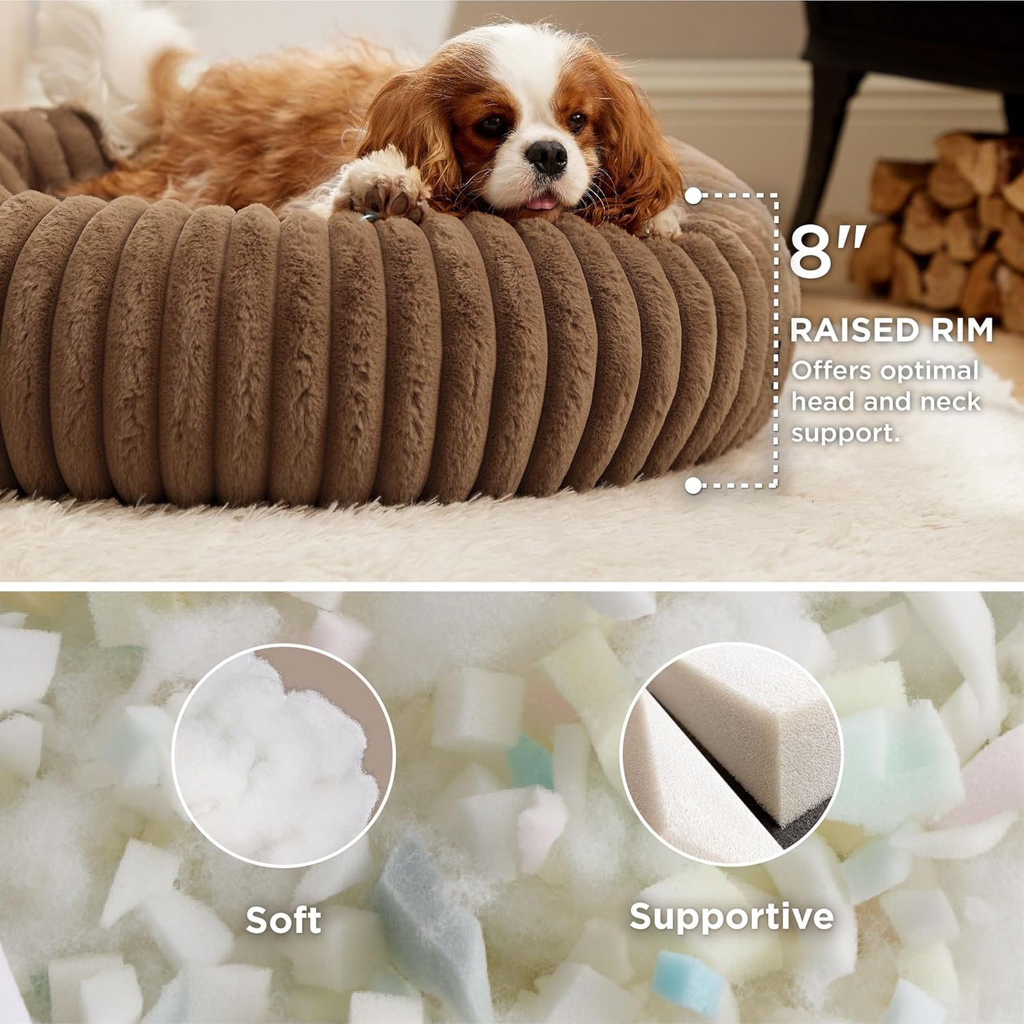 Bedsure Donut Medium Dog Bed - Washable Faux Fur with Corduroy Fleece & Anti Slip Bottom, Round Pet Bed with Removable Cover, Copper Brown, 30x30x8 inches