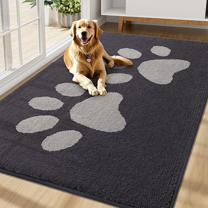 Buganda Dog Door Mat for Muddy Paws, Absorbent Dirt Trapper Washable Indoor Doormats, Non Slip Low-Profile Mud Mat for Dogs, Front Entrance Doormat for Inside Floor (70x47 Inches, Dark Grey)