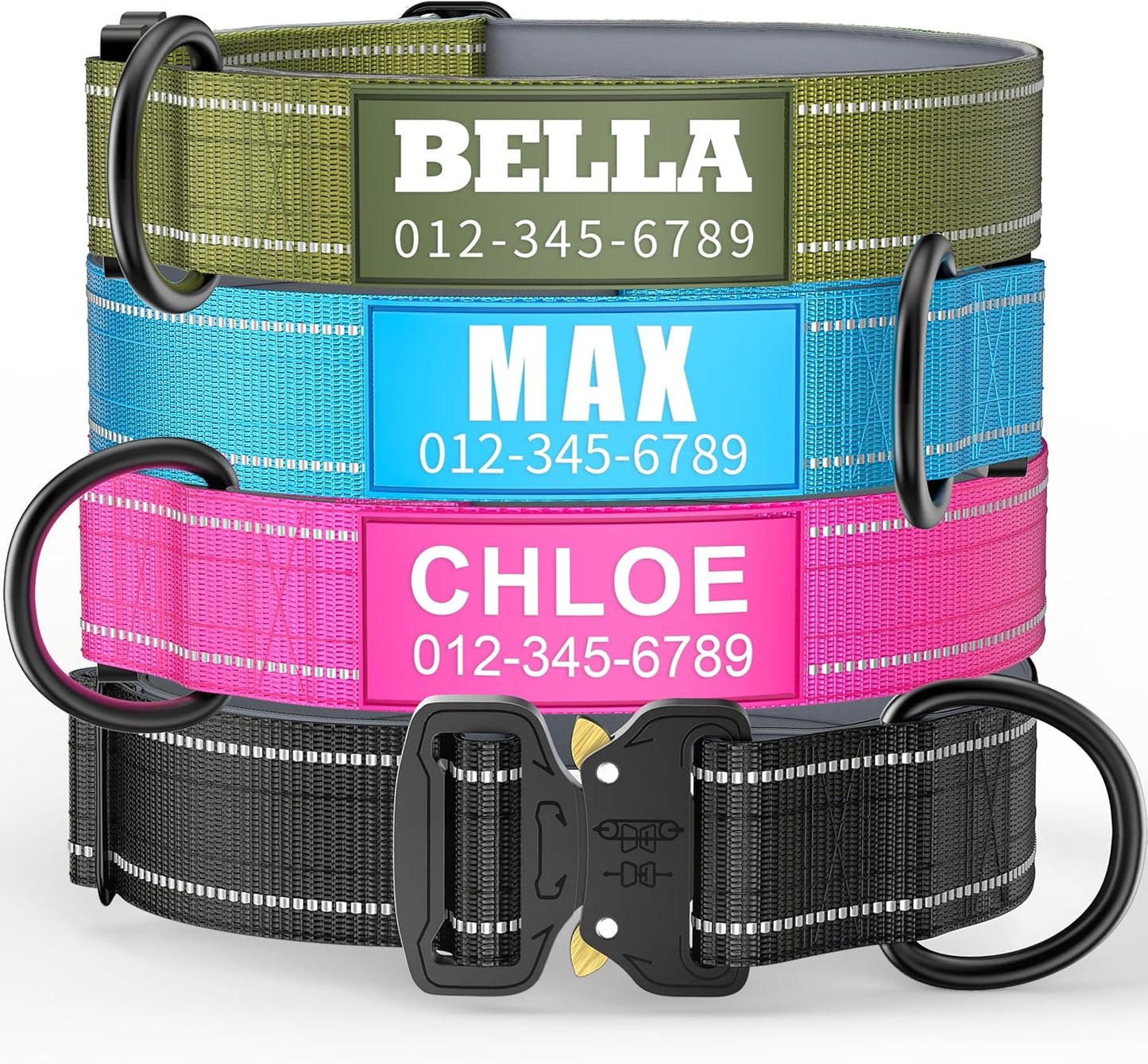 Personalized Tactical Dog Collar with Soft Padding & Reflective Strips for Large Dogs, Heavy Duty Nylon with Metal Buckle, Custom Name, Durable, Available in Pink, Blue, Black, Green