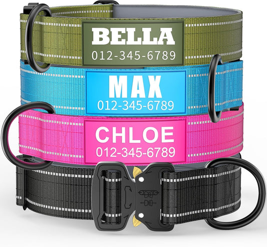 Personalized Tactical Dog Collar with Soft Padding & Reflective Strips for Large Dogs, Heavy Duty Nylon with Metal Buckle, Custom Name, Durable, Available in Pink, Blue, Black, Green