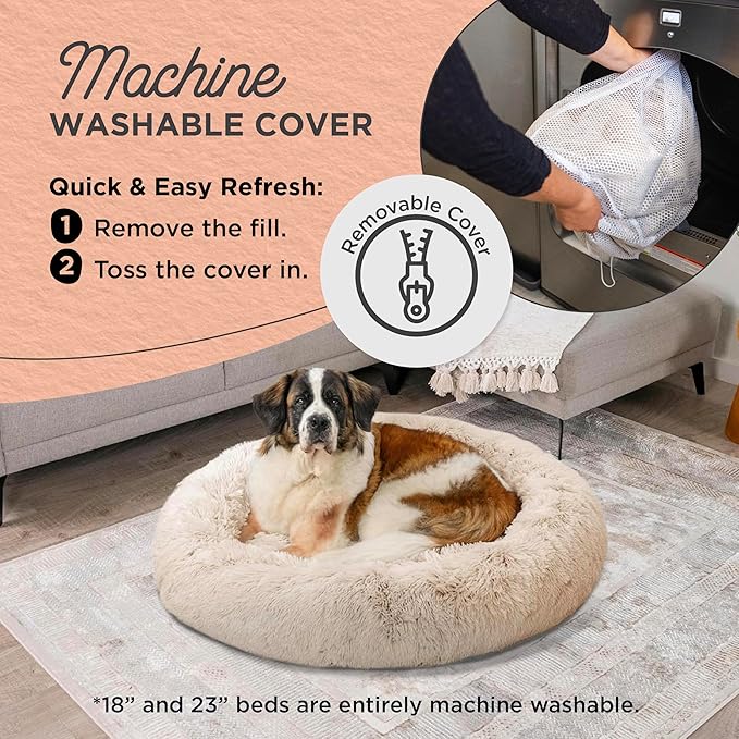 Best Friends by Sheri Bundle Set The Original Calming Shag Donut Cuddler Cat and Dog Bed + Pet Throw Blanket, Taupe, Extra Large, 45x45