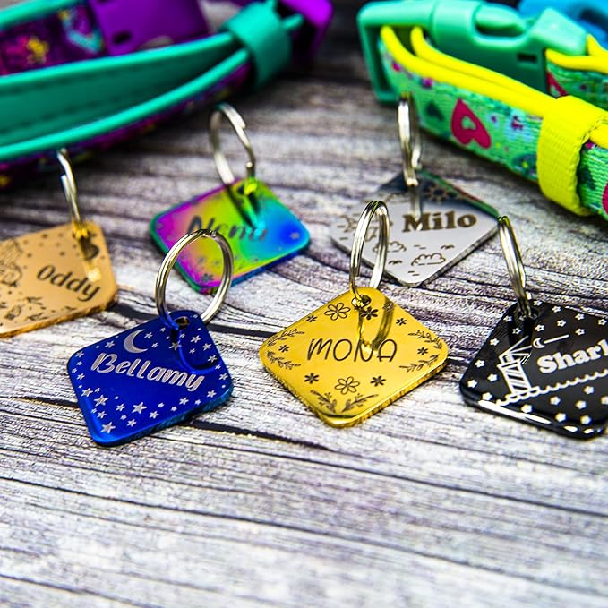 Personalized Dog Tag with 5 Lines of Custom Deep Engraved Durable Stainless Steel Pet ID Name Tag Designer Small Size Diamond