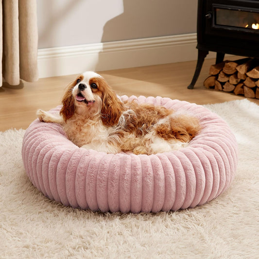 Bedsure Donut Medium Dog Bed - Washable Faux Fur with Corduroy Fleece & Anti Slip Bottom, Round Pet Bed with Removable Cover, Blush Pink, 30x30x8 inches