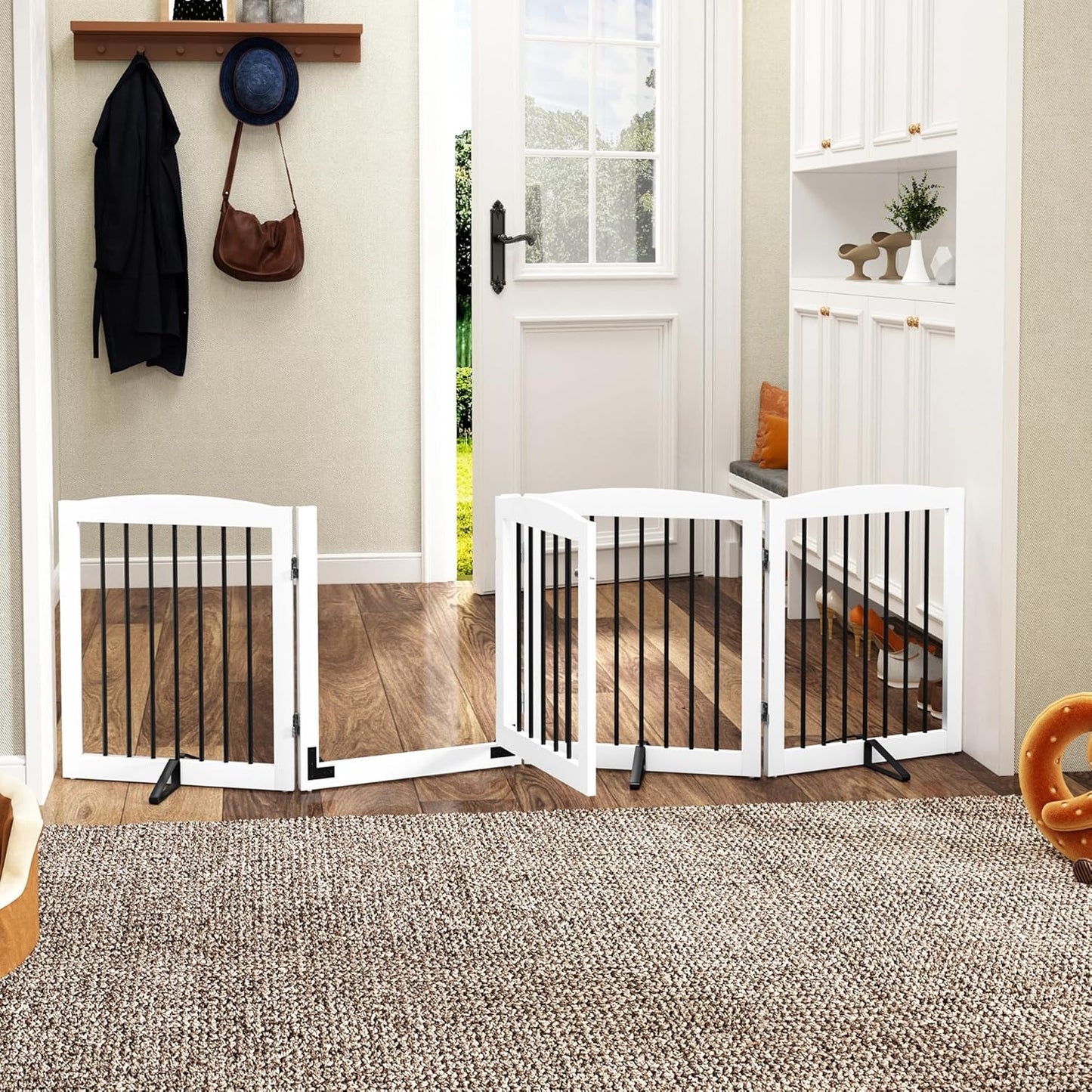 Freestanding Dog Gate with Door, Pet Gate for Stairs, 80 inch Wide Pet Barrier Indoor, Dog Fences Indoor, Support Feet Included, 4 Panels, 24" Tall, White & Black