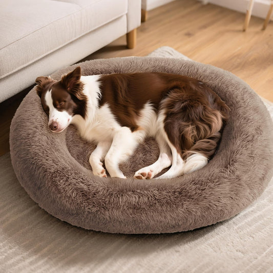 Orthopedic Calming Dog Bed for Large Dogs, Anti Anxiety Pet Beds with Supportive Foam, Removable Washable Oval Pets Couch, Fluffy Cuddle Bolster Cushion, Beige