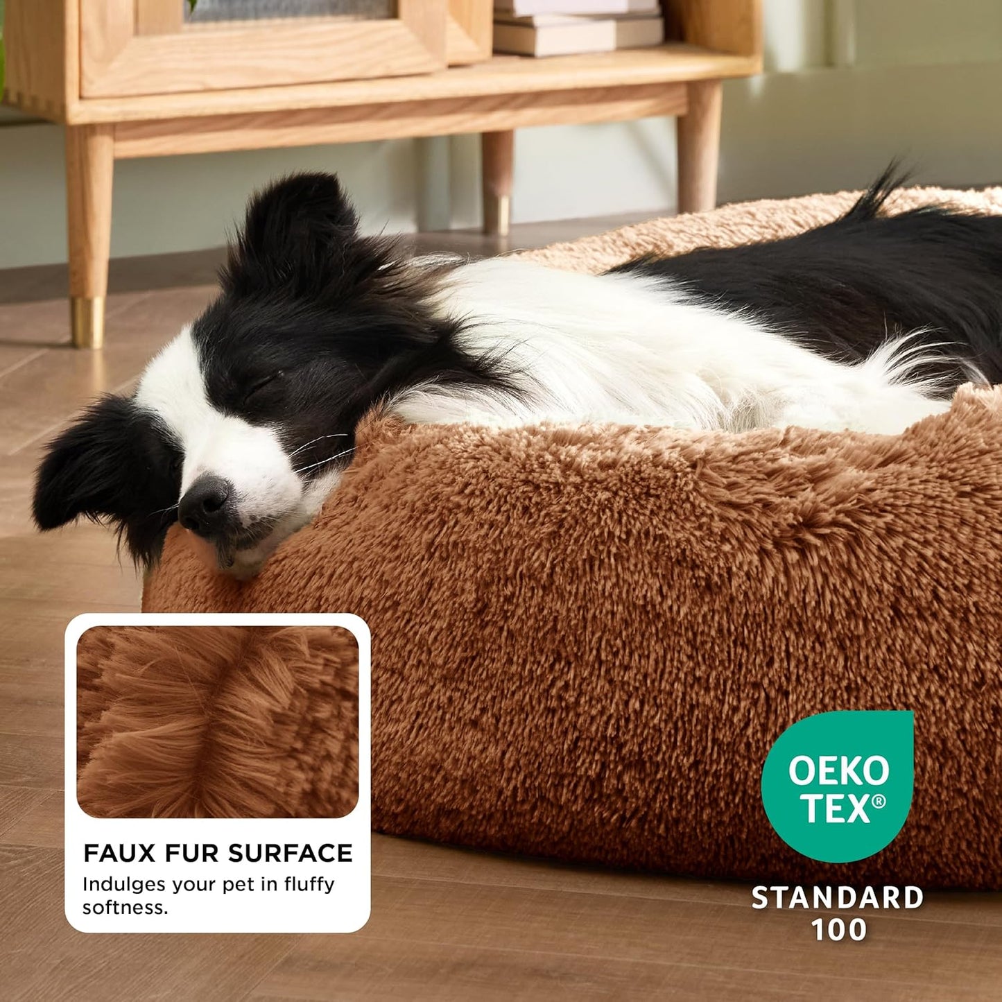 Bedsure Calming Dog Bed for Large Dogs - Donut Washable Large Pet Bed, 36 inches Anti-Slip Round Fluffy Plush Faux Fur Dog Bed, Fits up to 80 lbs Pets, Copper