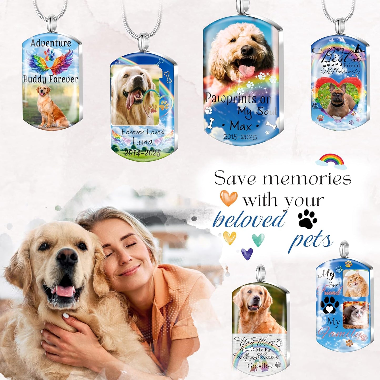 Fanery Sue Personalized Pet Ashes Necklace for Dog Cat Custom Photo&Text Pet Loss Sympathy Gift Cremation Jewelry