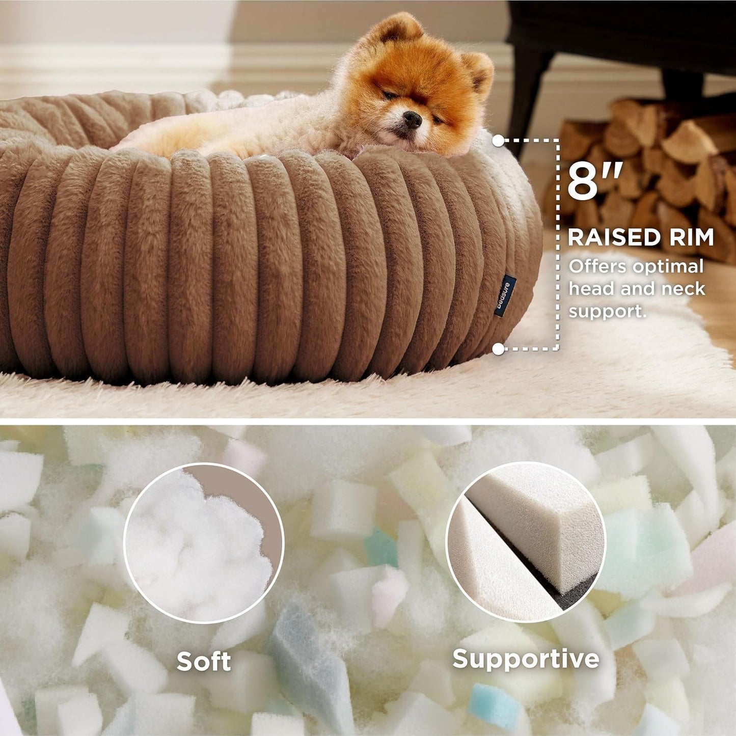 Bedsure Donut Small Dog Bed - Dog Beds for Small Dogs with Corduroy Fleece & Anti Slip Bottom, Round Faux Fur Pet Beds with Washable Removable Cover, Copper Brown, 23x23x7 inches