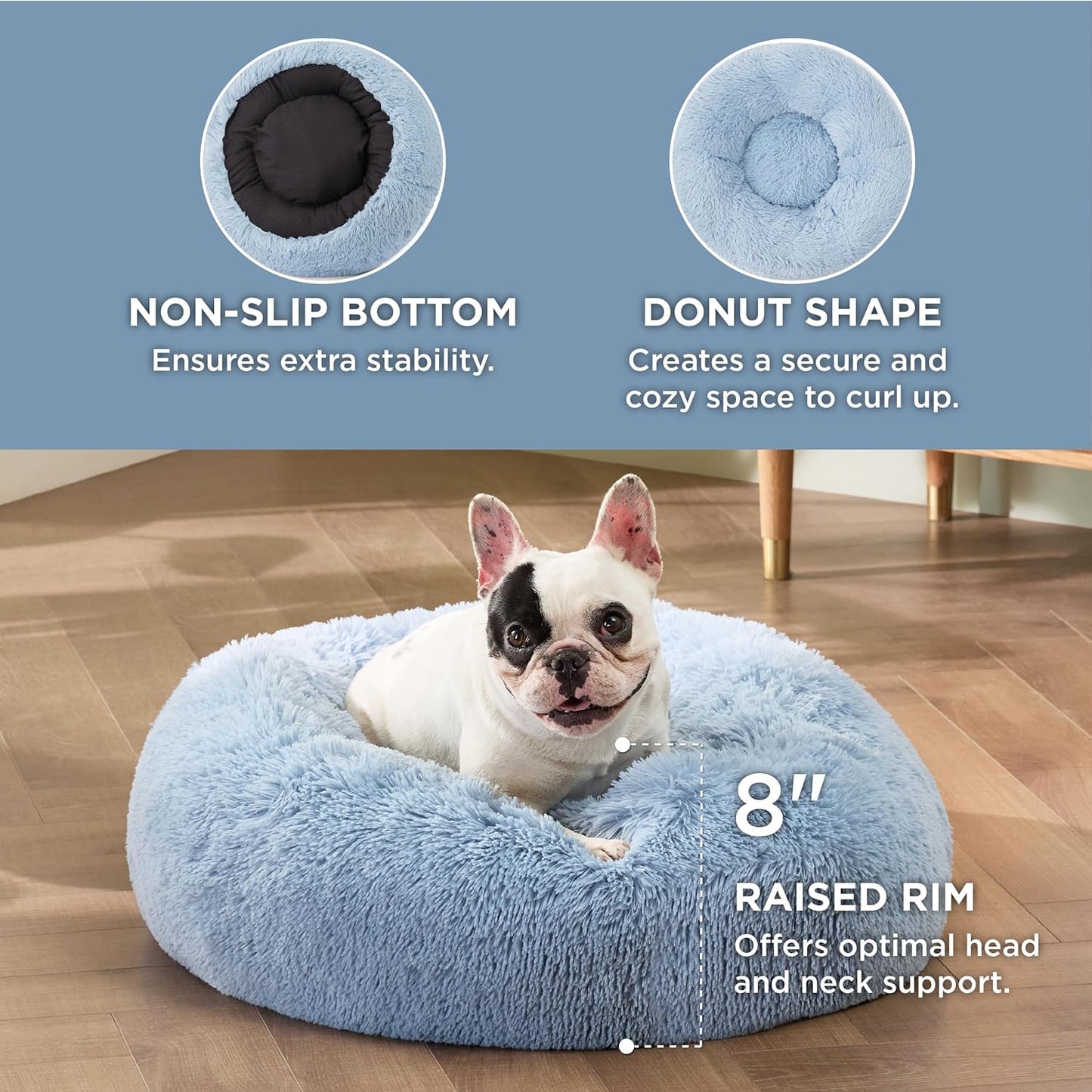 Bedsure Calming Dog Bed for Small Dogs - Donut Washable Small Pet Bed, Round Anti-Slip Fluffy Plush Faux Fur Large Cat Bed, Fits up to 25 lbs Pets, Light Blue, 23 inches