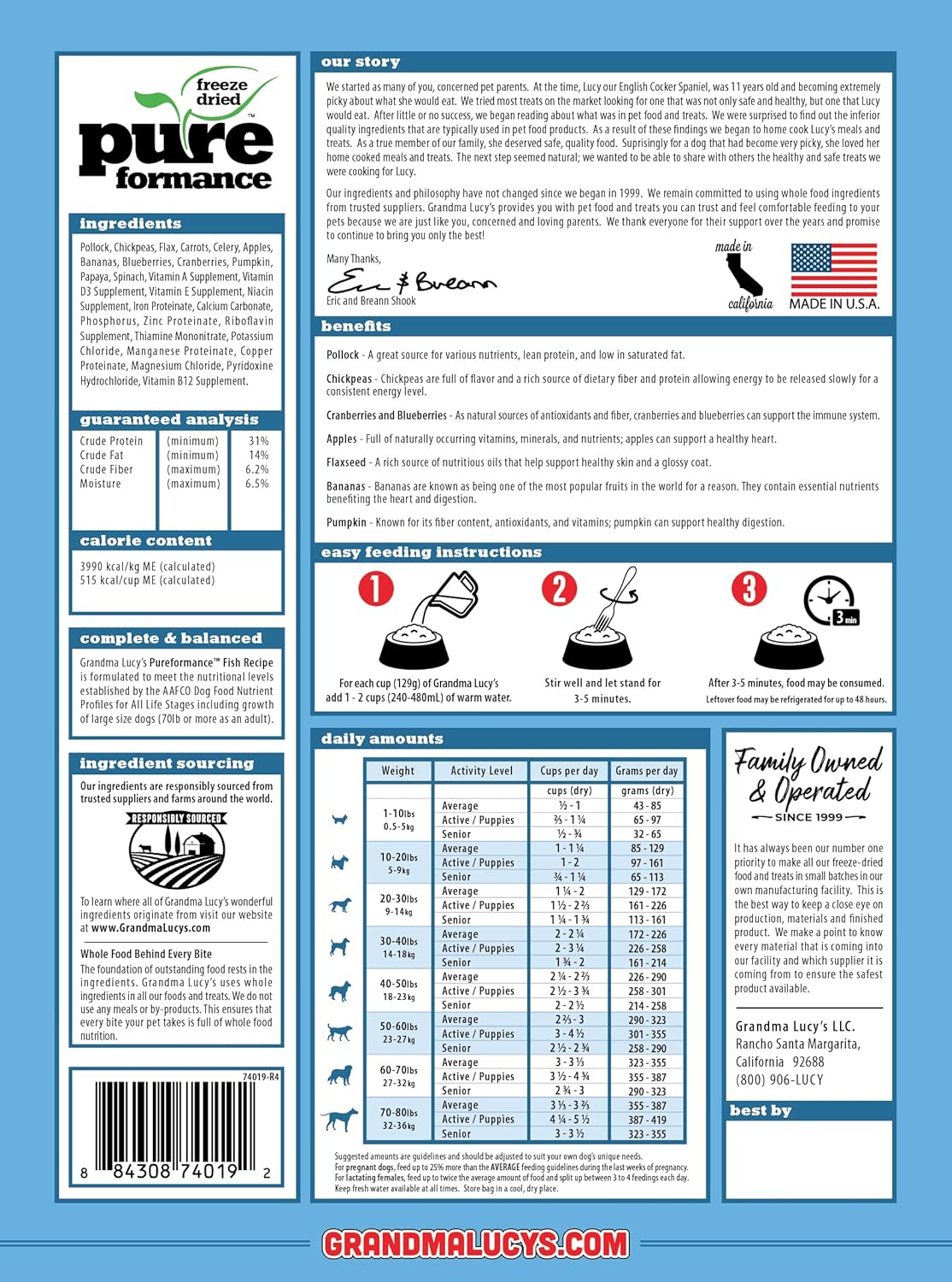 Grandma Lucy's PUREformance Dog Food, Grain Free and Freeze-Dried - Fish, 3 Pound Bag
