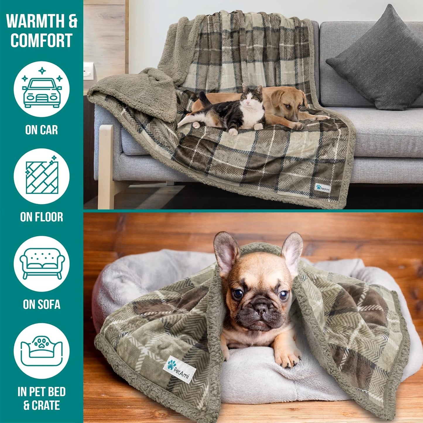 PetAmi Dog Blanket for Medium Large Dogs, Pet Bed Blanket Cat Puppy Kitten, Fleece Furniture Couch Cover Protector Sofa Car, Soft Sherpa Dog Throw Plush Reversible Washable, 40x60 Plaid Taupe
