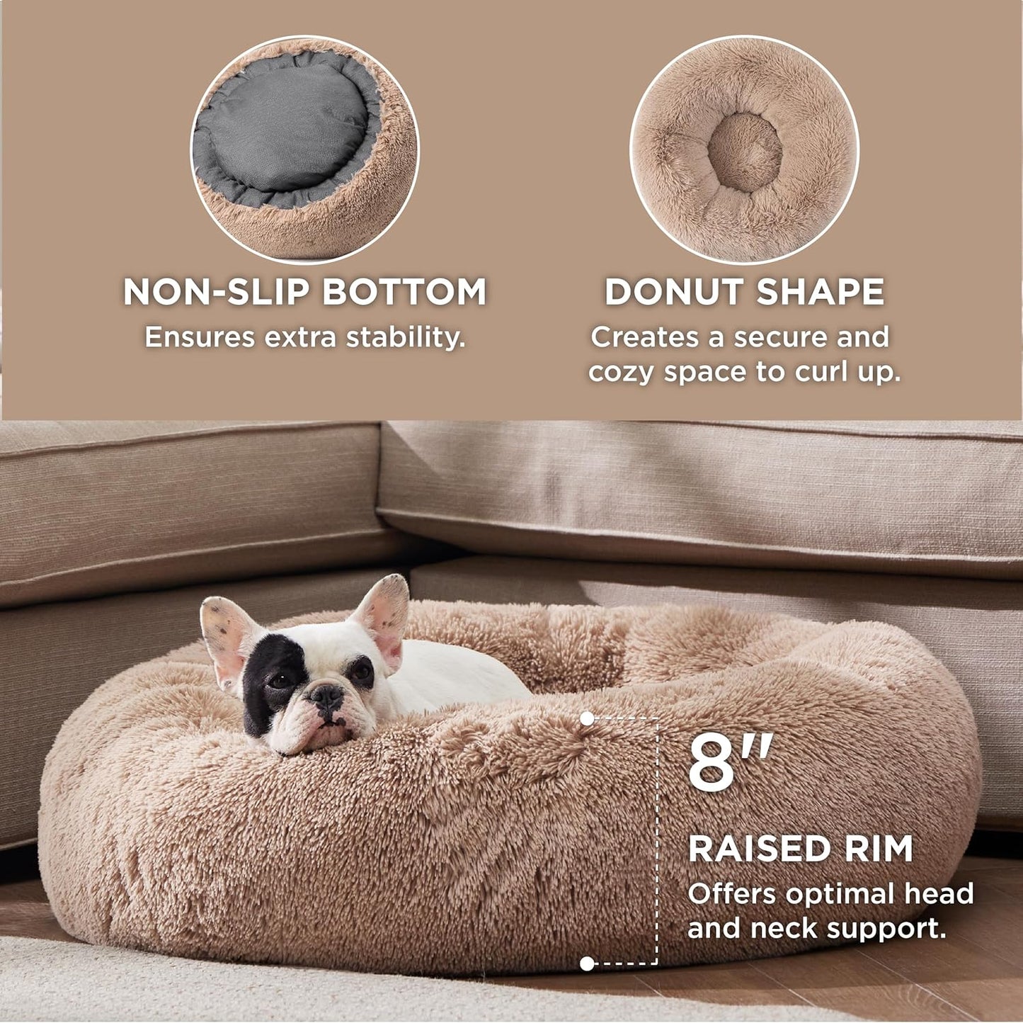 Bedsure Calming Dog Bed Medium Large Size Dogs - Donut Washable Large Pet Bed, 33 inches Anti-Slip Round Fluffy Plush Faux Fur Dog Bed, Camel
