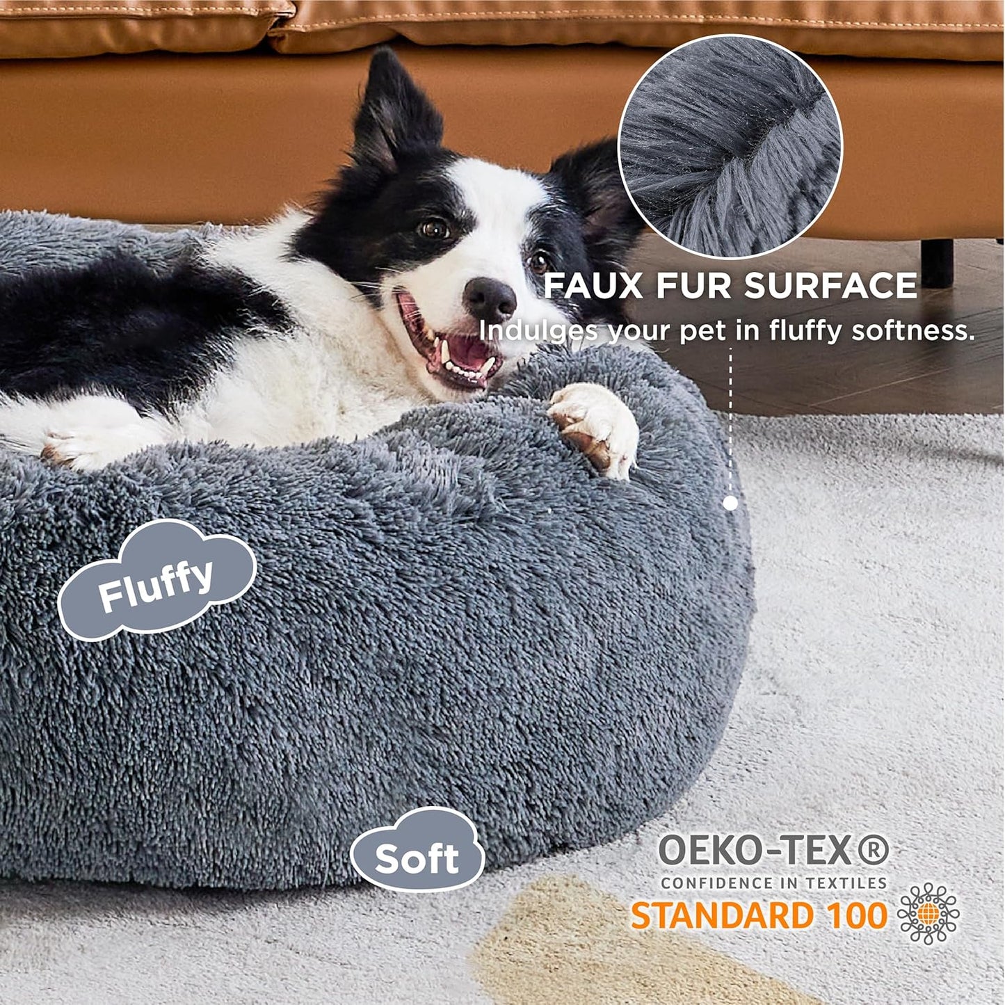 Bedsure Calming Dog Bed for Large Dogs - Donut Washable Large Pet Bed, 36 inches Anti-Slip Round Fluffy Plush Faux Fur Dog Bed, Fits up to 80 lbs Pets, Dark Grey